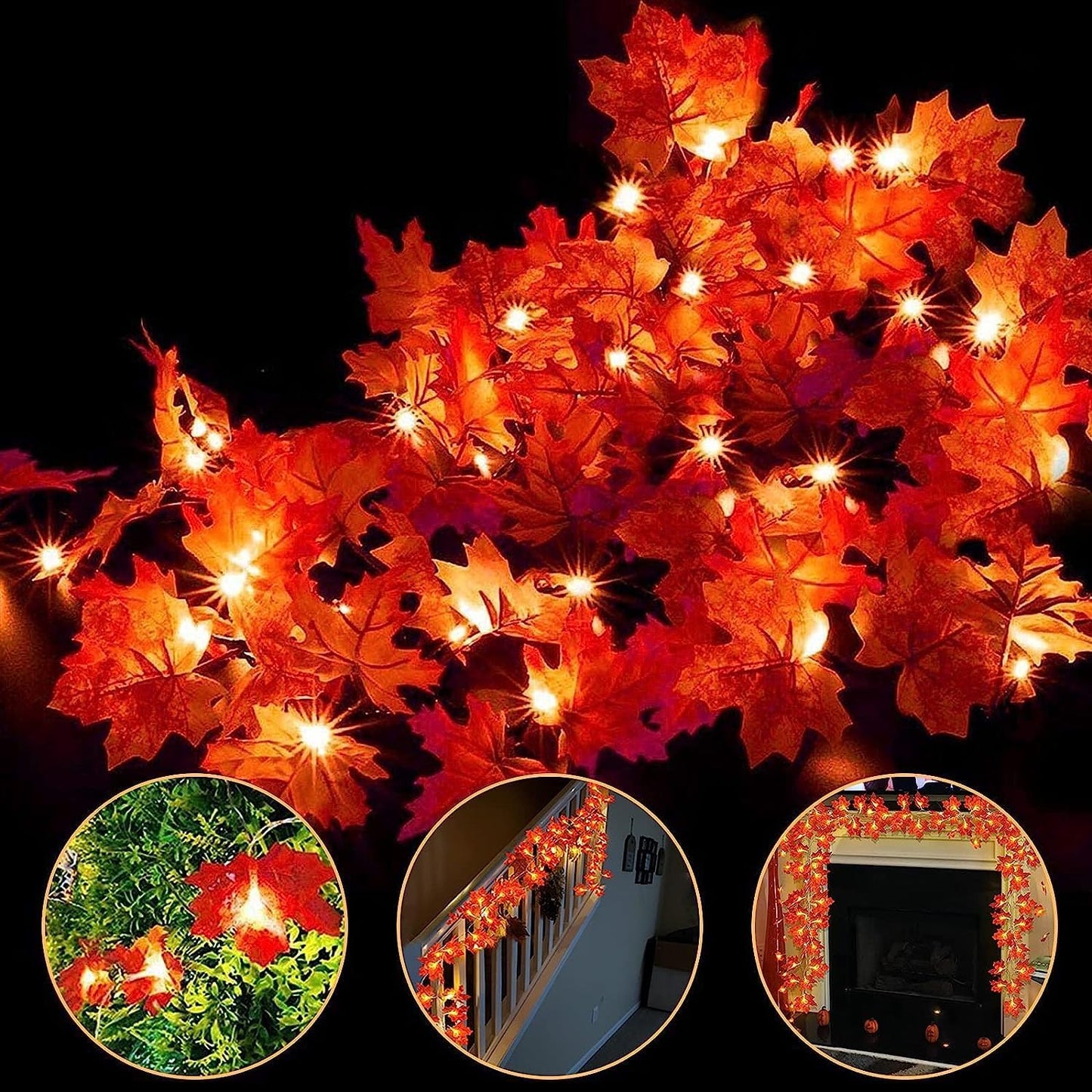 3 Pack Fall Thanksgiving Lights Thanksgiving Decorations for Home, Enlarged Maple Leaf Thanksgiving Garland, 30 Ft 60 LED Waterproof Battery Operated Leaf Lights Halloween Decoration Indoor Fall Decor