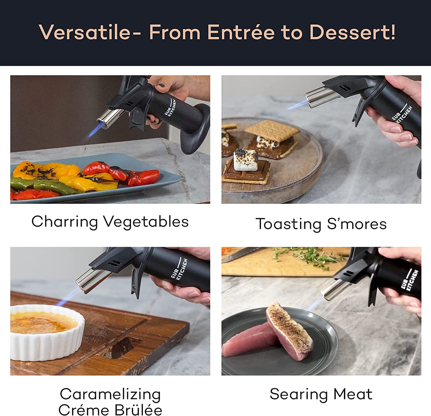Premium Culinary Butane Torch with Safety Lock & Adjustable Flame Guard - Baking Tools as Chef Gifts - Kitchen Torch Lighter for Creme Brulee, BBQ, Soldering (Butane Gas Not Included)