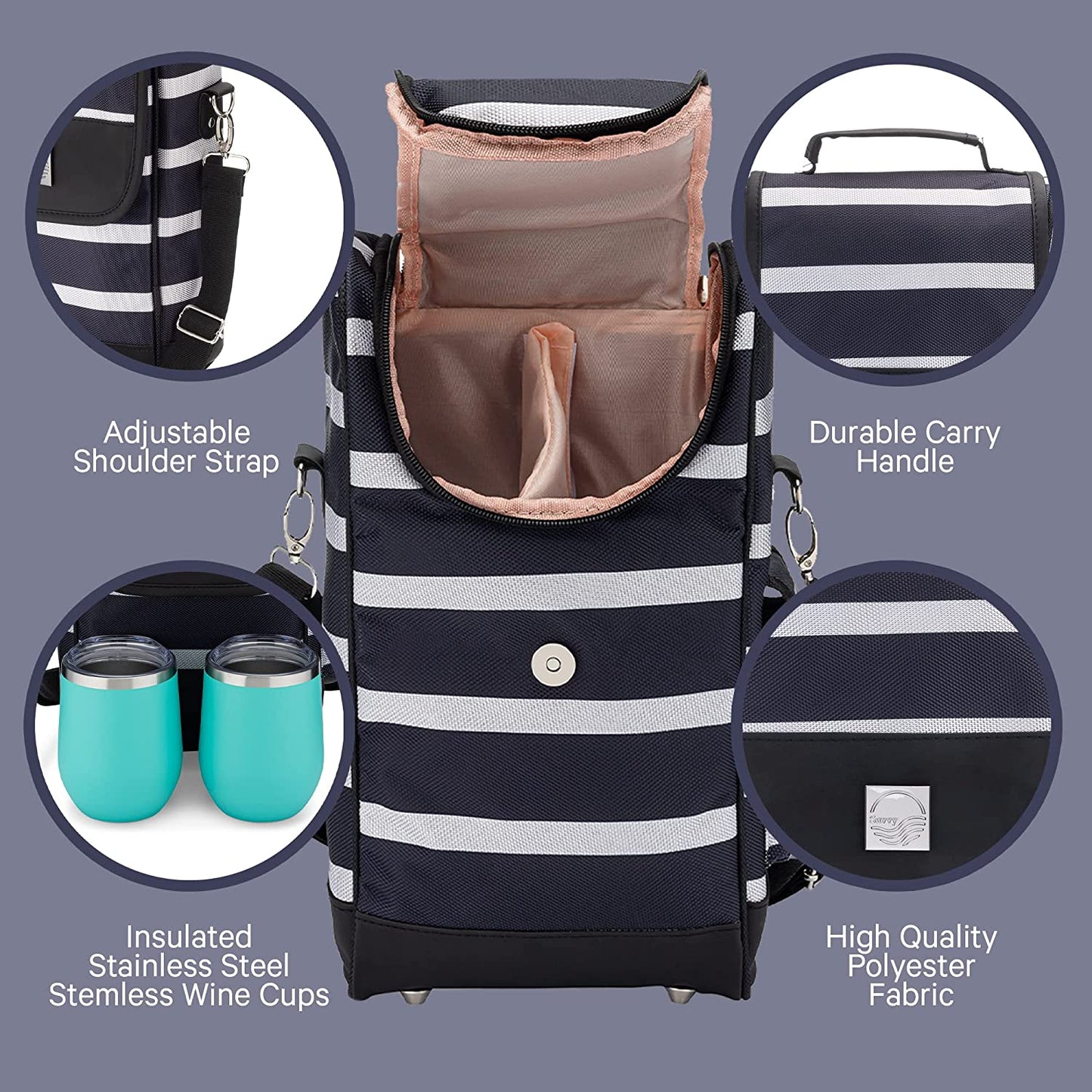 Savvy Outdoors Wine Tote Bag with Stemless Wine Glasses - Bottle Wine Bag with 2 Premium Insulated Wine Cups & Exterior Storage Pouch - Foldable Wine Carrier and Portable Wine Cooler Bags
