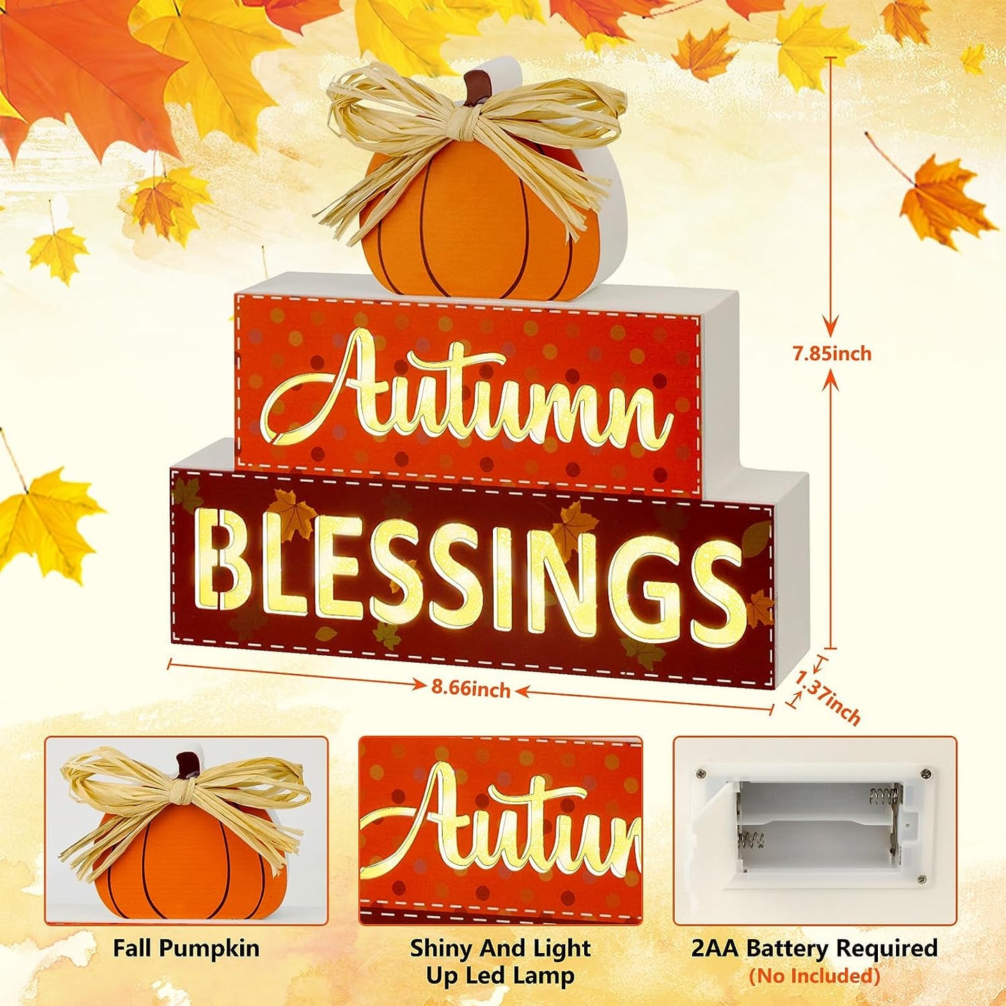 Fall Wooden Signs Light Up,Autumn Blessings Pumpkin Sing Lighted Fall Decorations for Home Indoor Table Mantle Tiered Tray Decor, Fall Harvest Thanksgiving Farmhouse Tabletop Decor