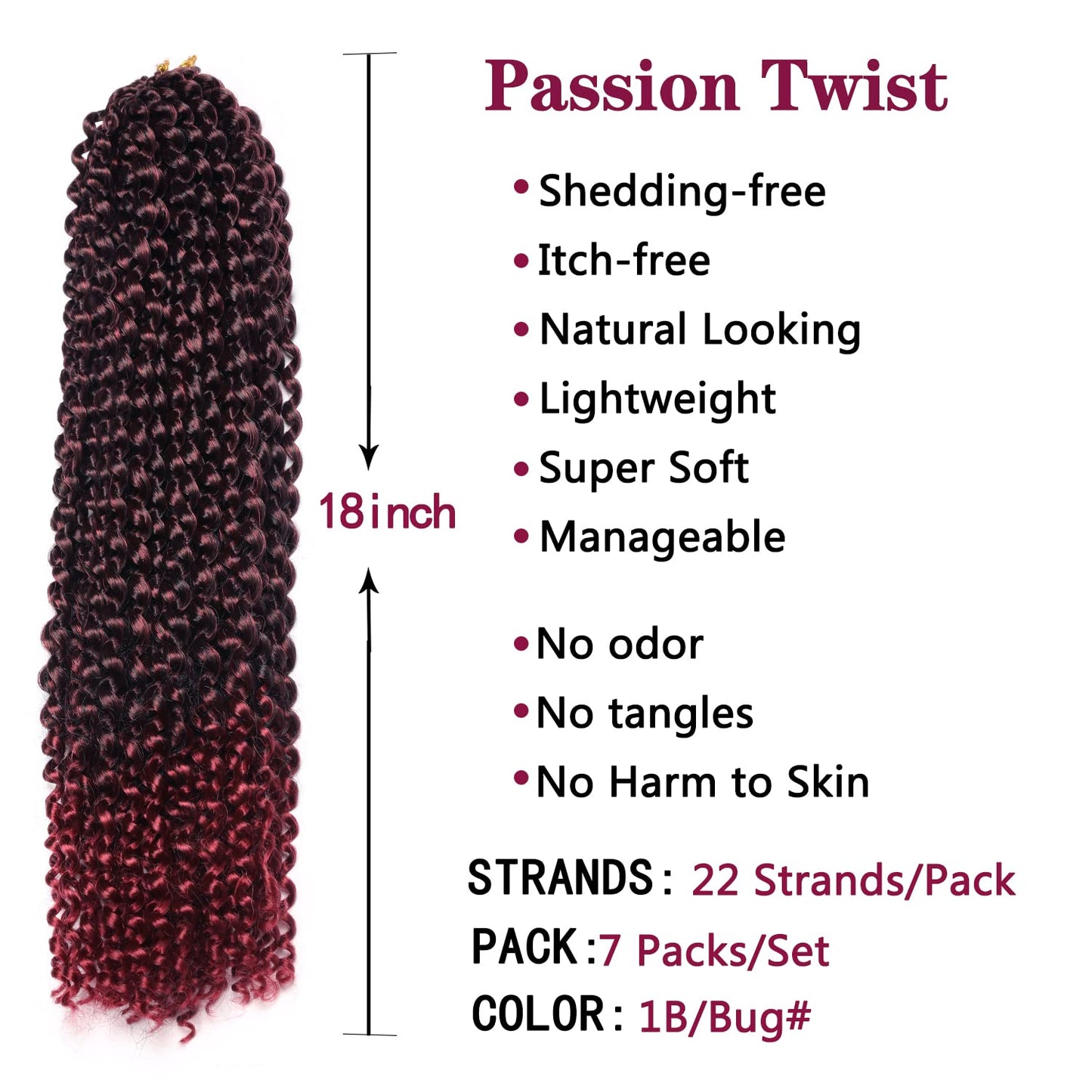 7 Packs Passion Twist Hair,18 Inch Water Wave Crochet Hair for Women Ombre Burgundy Passion Twist Crochet Hair Long Bohemian Synthetic Curly Braiding Hair Extensions(7Pcs,1B/Bug)