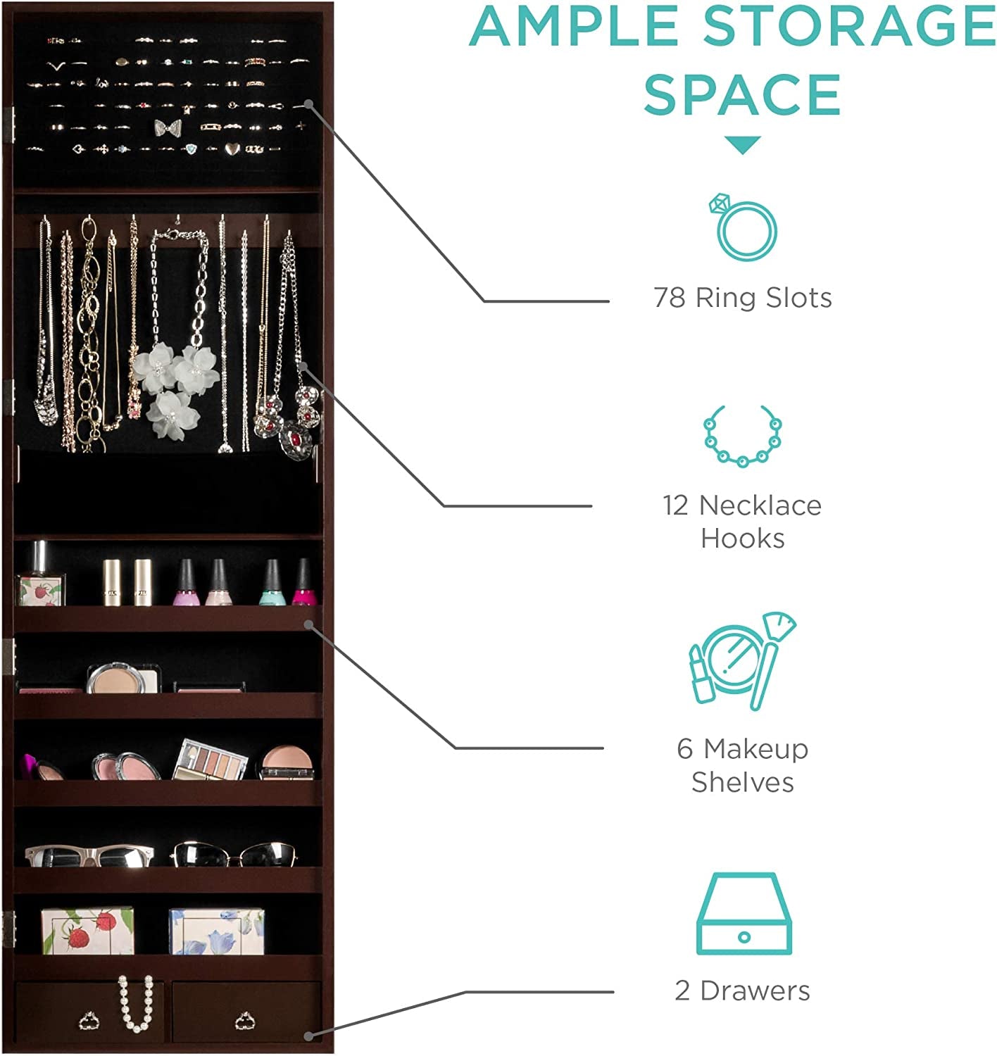 Standing Mirror Armoire, Lockable Jewelry Storage Organizer Cabinet W/ Velvet Interior, 3 Angle Adjustments - Brown