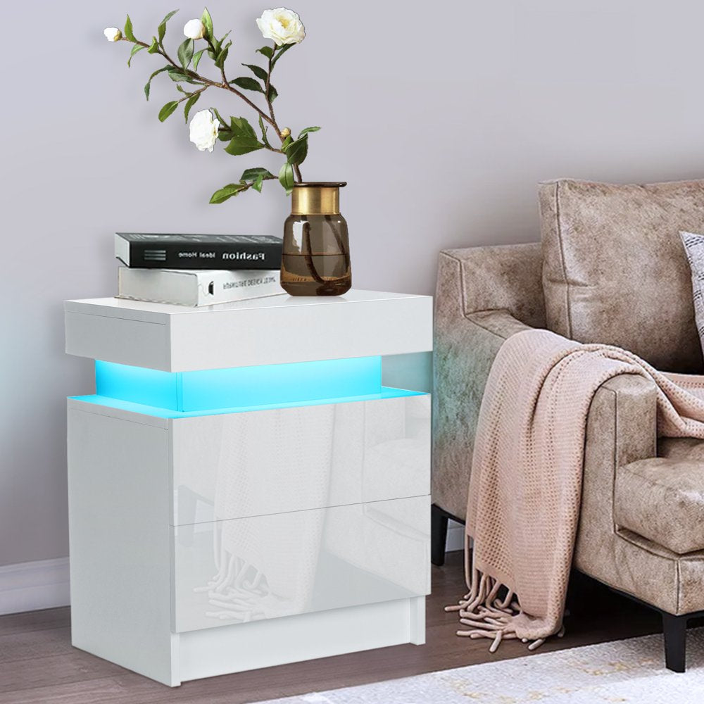 LED Light Bedside Table Cabinet Nightstand with Drawer Home Bedroom - White High Gloss Finish