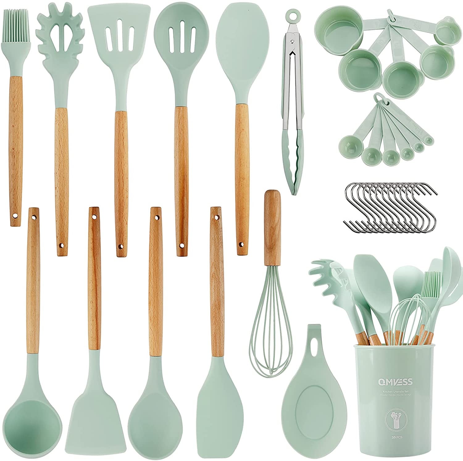 Kitchen Utensils Set  35 Pcs Non-Stick Silicone Cooking Utensils Set with Holder Sturdy Insulation Wooden Handle Heat Resistance Silicone Spatula Spoon Kitchen Gadgets Utensils Set (Light Green)