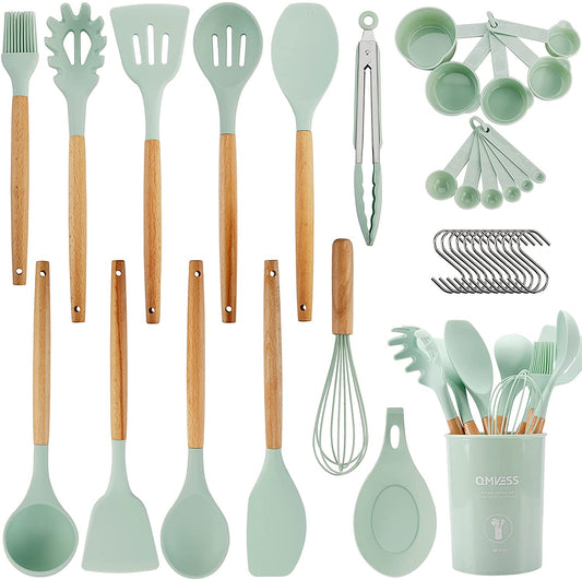Kitchen Utensils Set  35 Pcs Non-Stick Silicone Cooking Utensils Set with Holder Sturdy Insulation Wooden Handle Heat Resistance Silicone Spatula Spoon Kitchen Gadgets Utensils Set (Light Green)