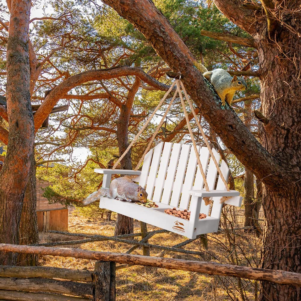 Solution4Patio White Swing Wild Bird Feeder for Outside, Metal Mesh Bottom, Cute Bench Bird Feeder or Squirrel Feeder for Yard, Porch Decoration, Large Capacity, Easy to Fill & Clean, #8455