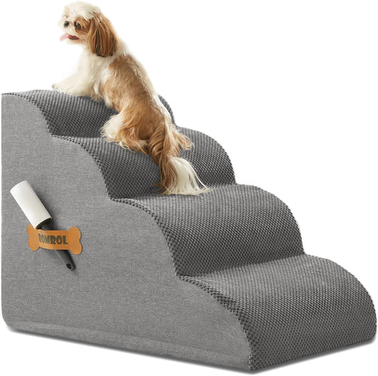Dog Stairs,  Dog Steps Ramp for High Bed and Couch, Dog Ramp with Durable Non-Slip Waterproof Fabric Cover, Pet Stairs for Small Dogs and Cats or Pets Joints, 4-Tiers,Grey