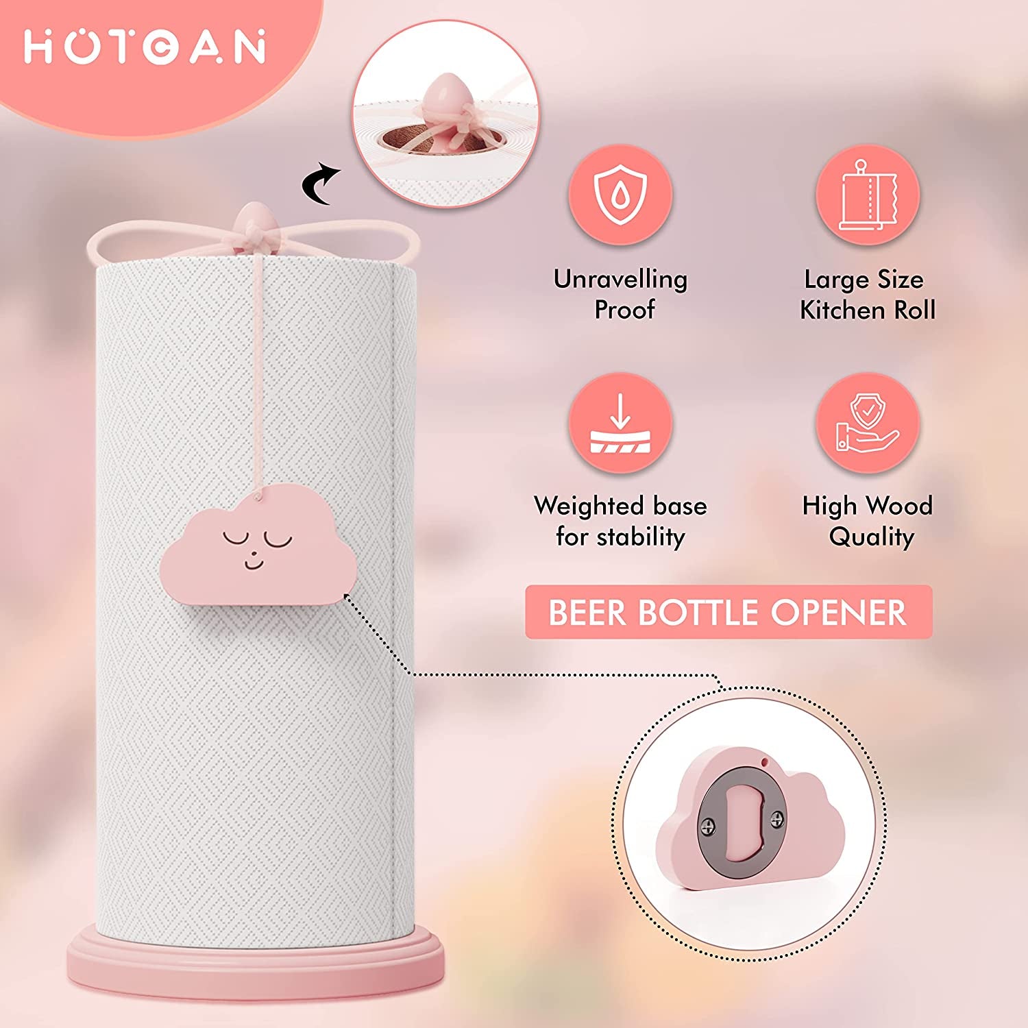 Pink Paper Towel Holder for Countertop, Cute Paper Towel Holder with Beer Bottle Opener, Pink Kitchen Accessories Made of Beech Wood, Pink Home Decor, Windproof Design for Outdoor Use