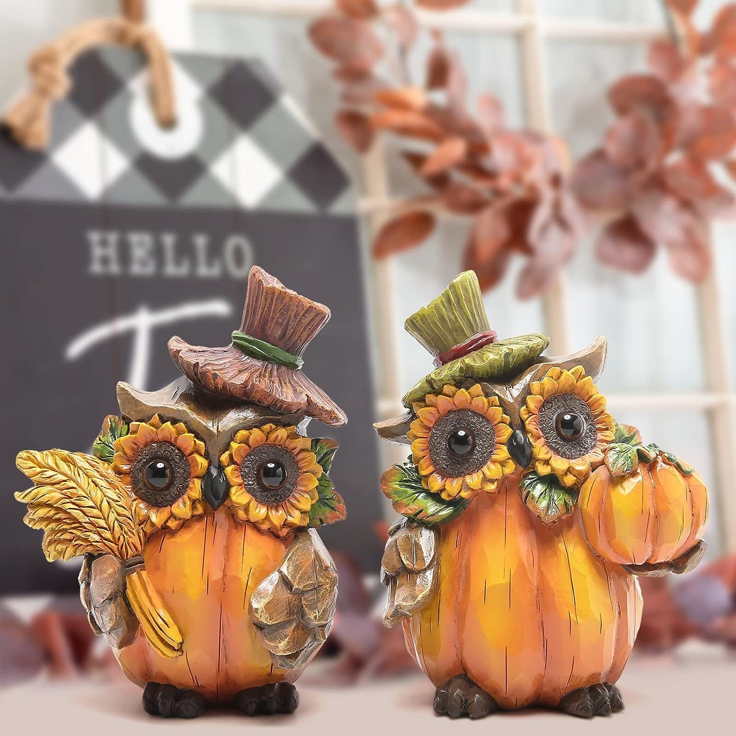 Hodao Fall Thanksgiving Pumpkin Owl Table Decorations for Home, Resin Owl Give Thanks Fall Centerpieces for Tables-Thanksgiving Pumpkin Owl Gifts