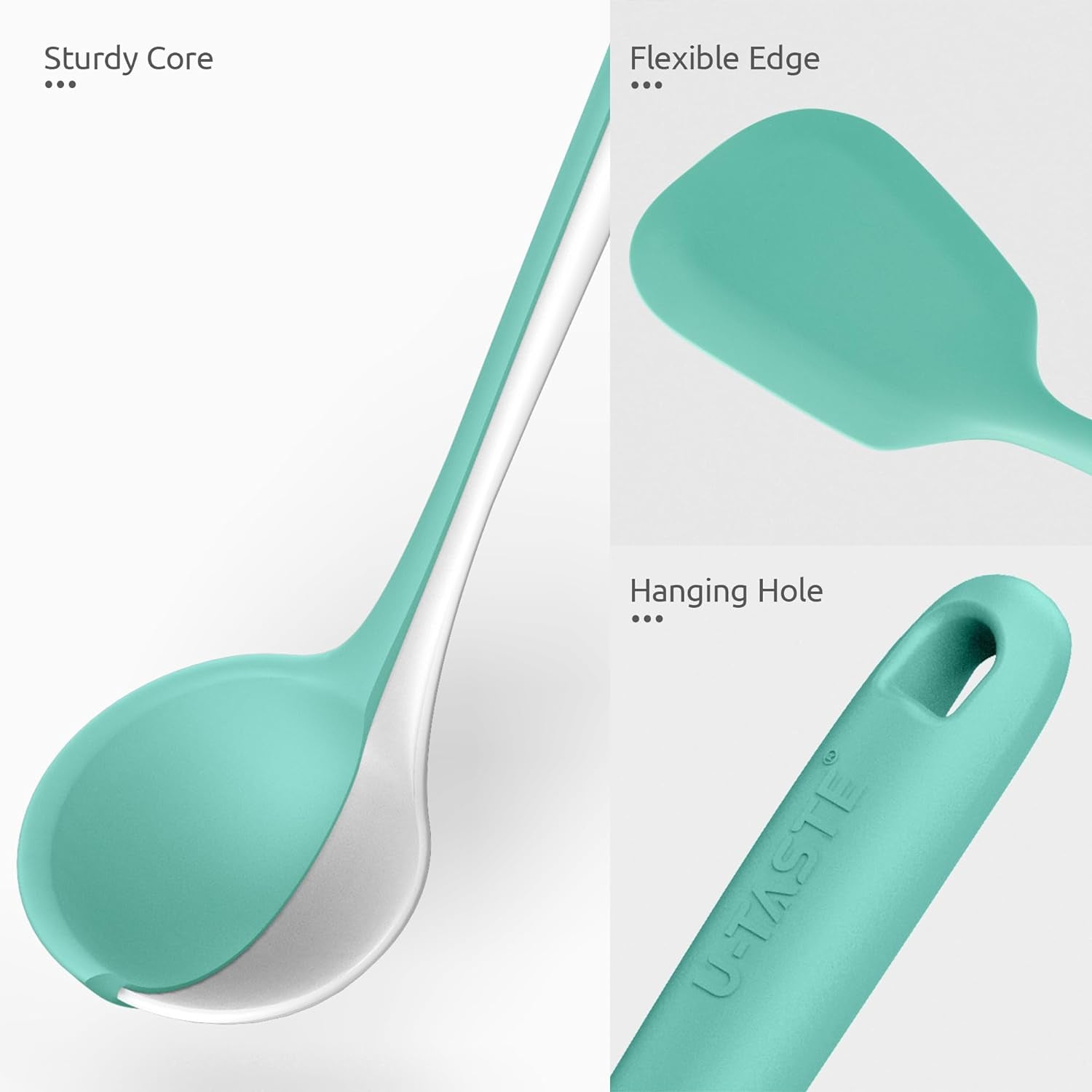 High Heat Resistant Kitchen Utensil:  13.6" Silicone Cooking Tools Gadgets Set, BPA Free Non Stick Solid and Slotted Turner Spatula, Mixing Spoon, and Soup Ladle (5 Pieces, Aqua Sky)