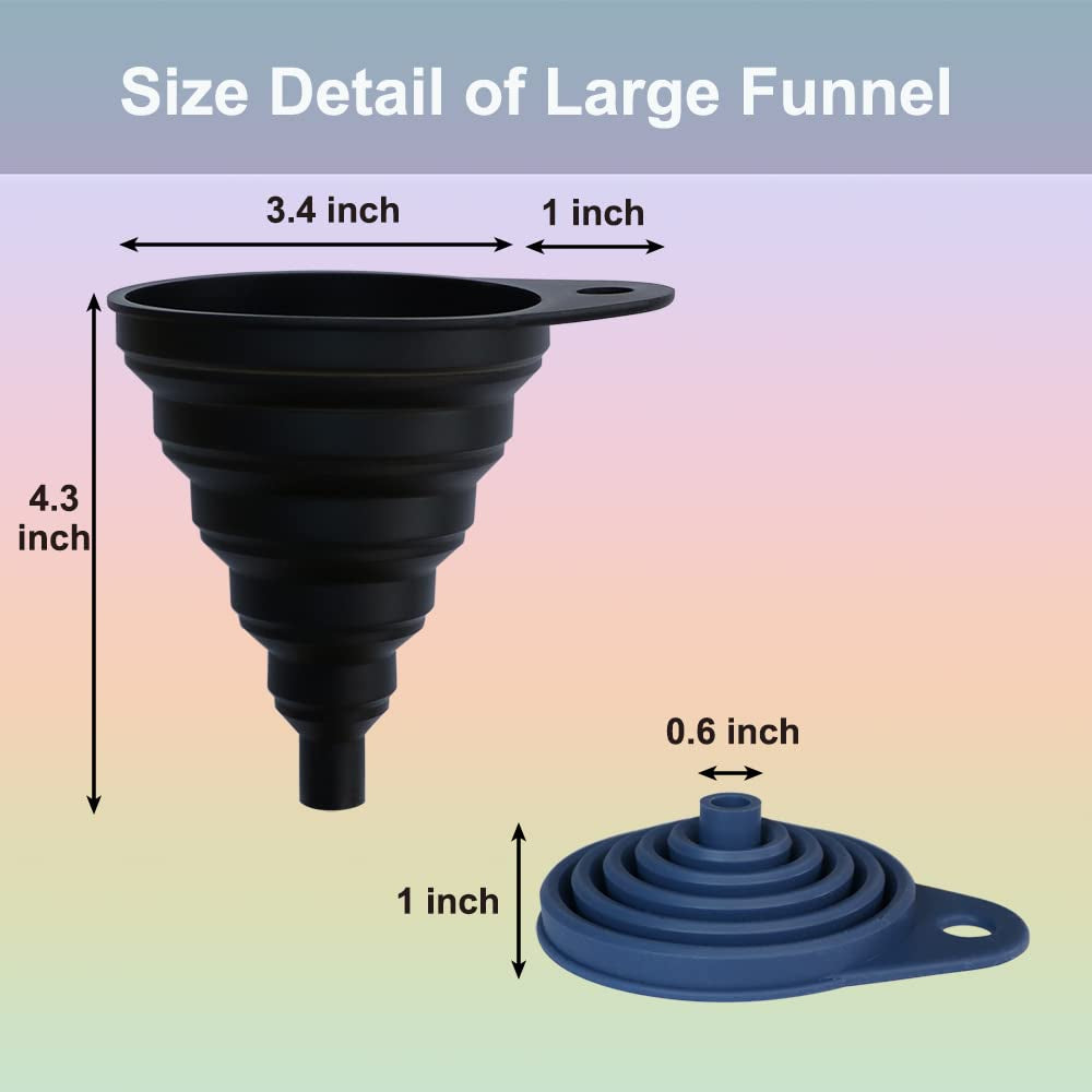 Silicone Collapsible Funnel Set of 4, Small and Large, Kitchen Accessories for Water Bottle Liquid Transfer Food Grade，Foldable Kitchen Utensils (Black, Grey, Blue, White 4Pack)