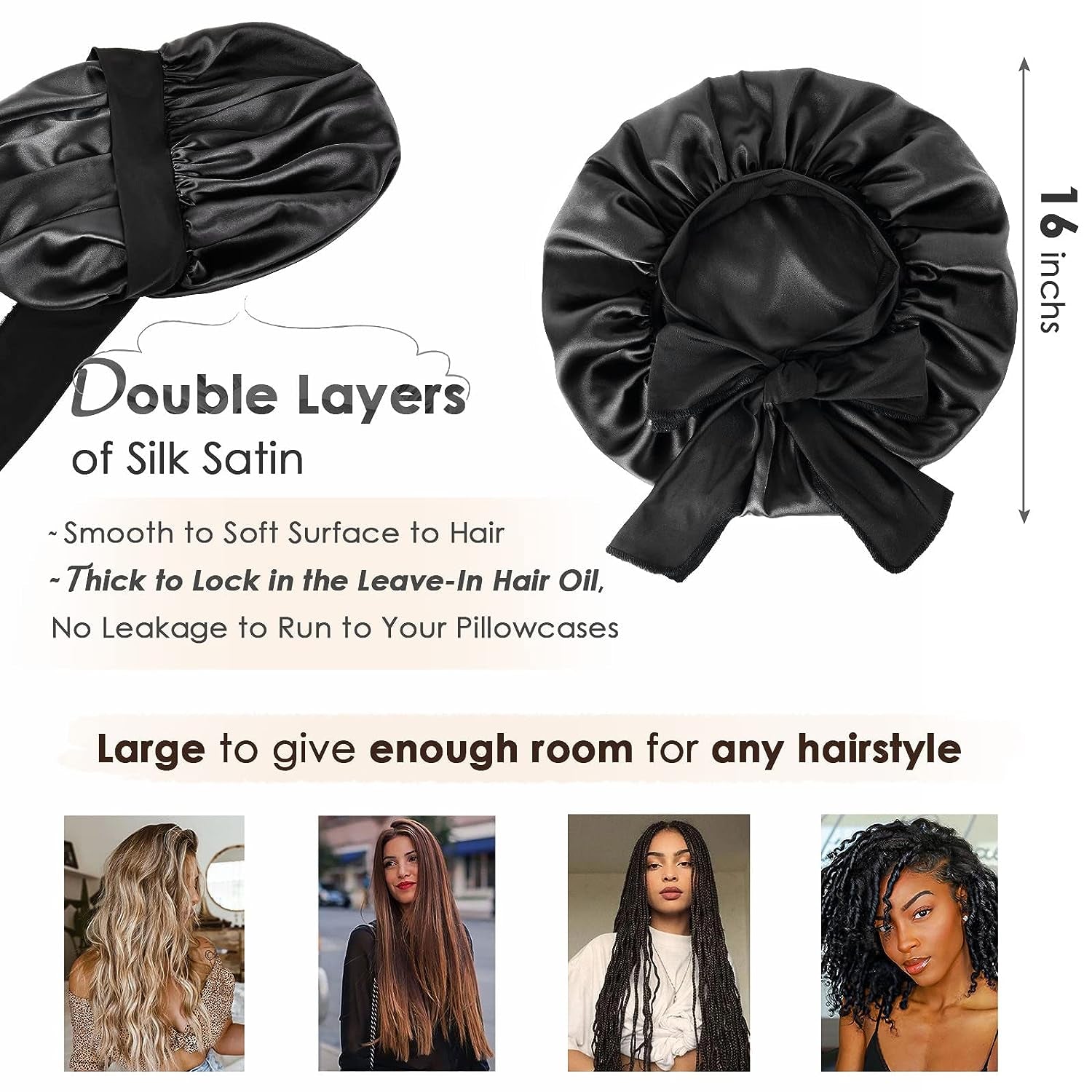 Satin Bonnet Silk Bonnet for Sleeping Double Layer Satin Lined Black Hair Bonnet with Tie Band Bonnets for Women Natural Curly Hair