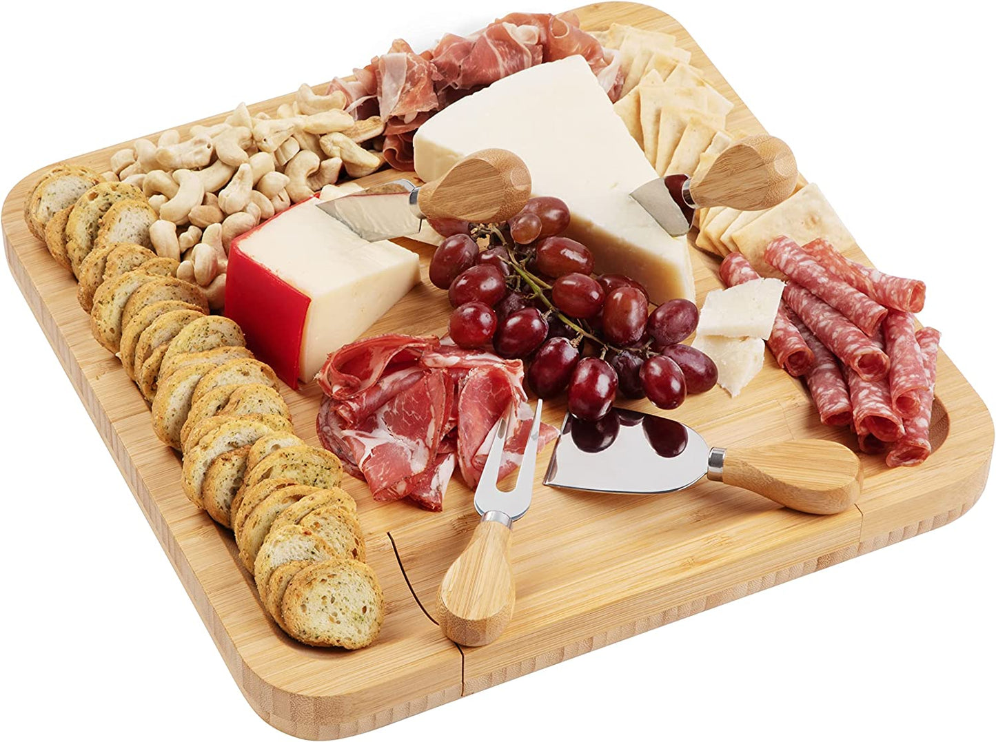 Bamboo Cheese Board Charcuterie Board Set with Cutlery - Slide-Out Drawer Includes 4 Stainless Steel Serving Utensils - Serving Tray for Wedding Gifts, Christmas Gifts, Housewarming