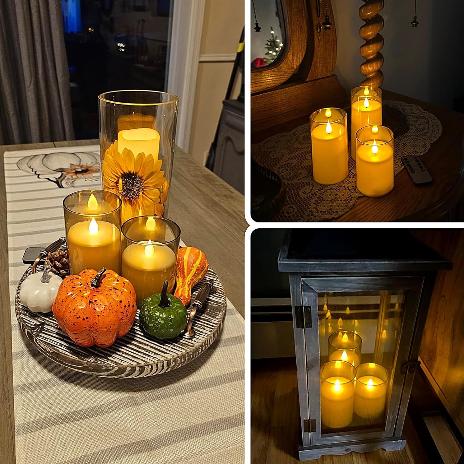 Flameless Candles with Remote, Acrylic Battery Operated Flickering LED Pillar Candles Set of 3 (D:3" X H:4" 5" 6"), Electric Fake Candles, Brown