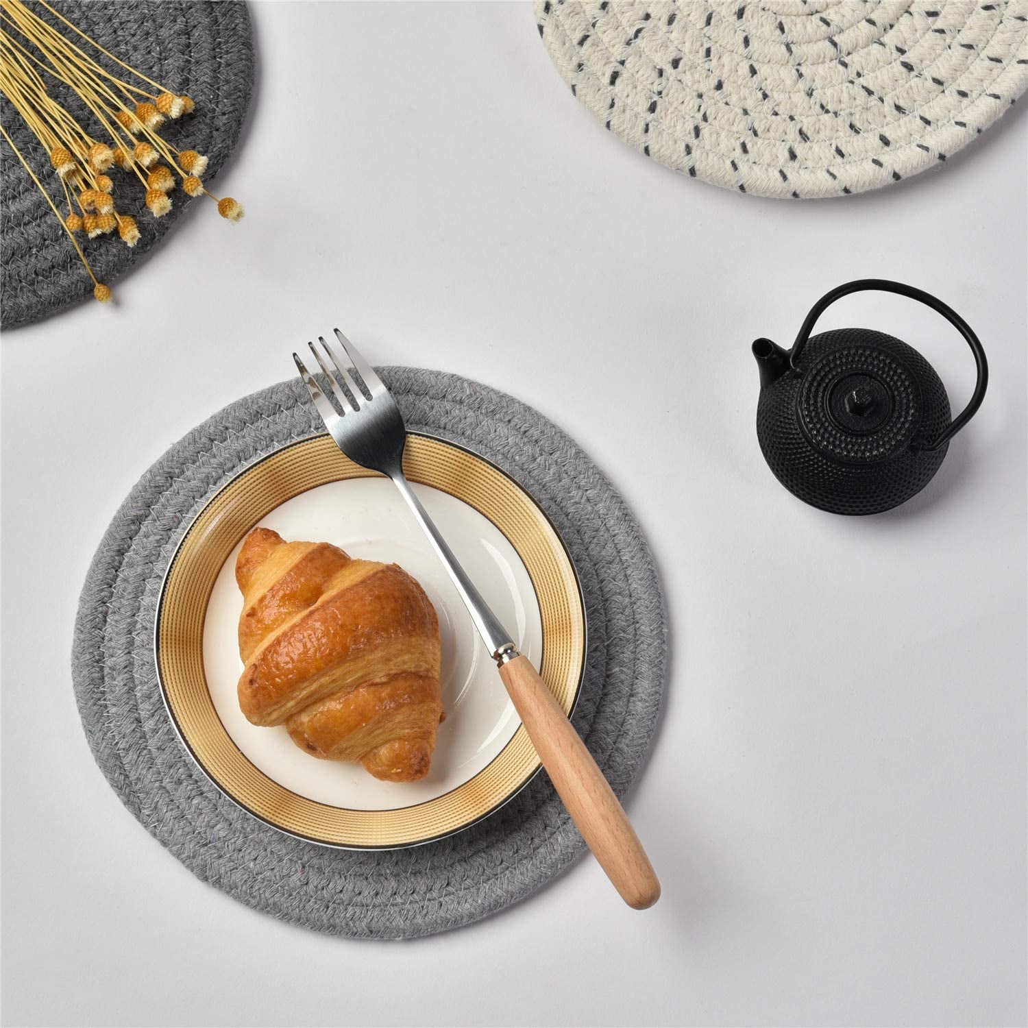 Potholders Set Trivets Set 100% Pure Cotton Thread Weave Hot Pot Holders Set (Set of 3) Stylish Coasters, Hot Pads, Hot Mats,Spoon Rest for Cooking and Baking by Diameter 7 Inches (Gray)