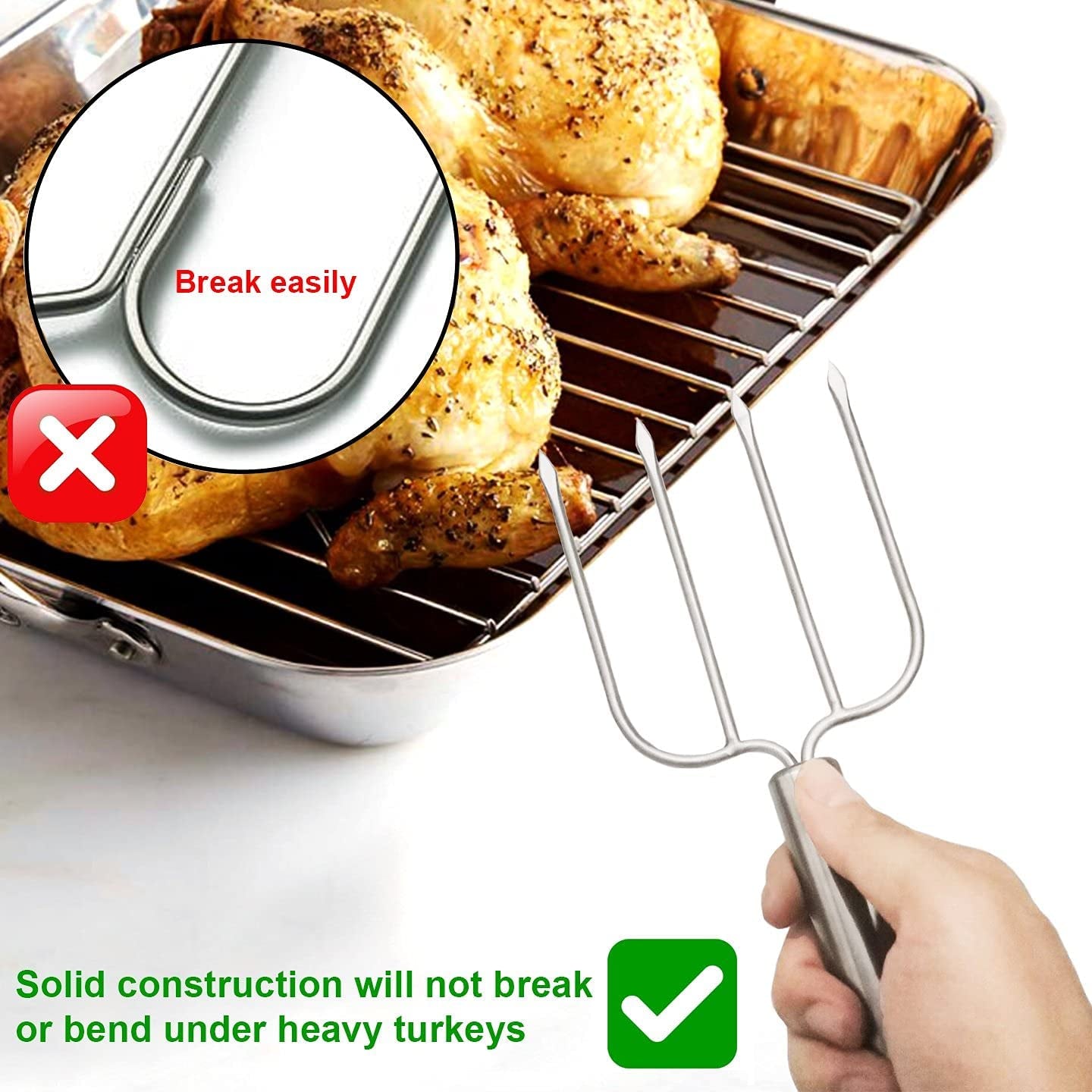Stainless Steel Turkey & Roast Lifters, Set of 2 - Turkey and Poultry Lifters Roaster Poultry Forks Great for Thanksgiving, Transfer Turkey or Ham Easily