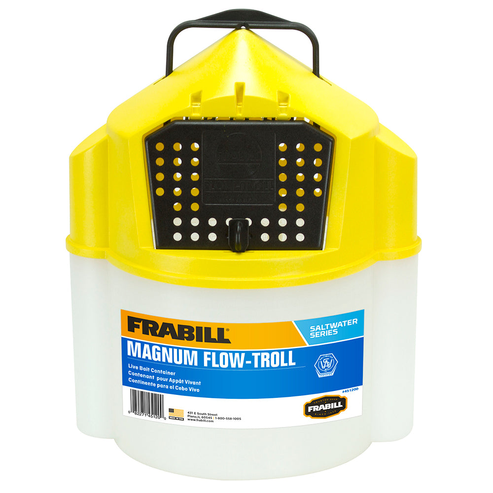 Frabill Magnum Flow Troll Shrimp Bucket in a yellow container with a black carry handle and a screened insert for shrimp bait.