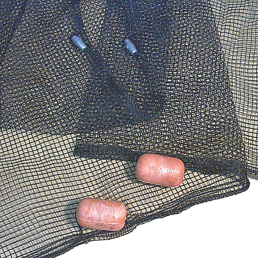 Close-up of a black Frabill seine net with floats attached, showing the mesh detail and camouflage color.