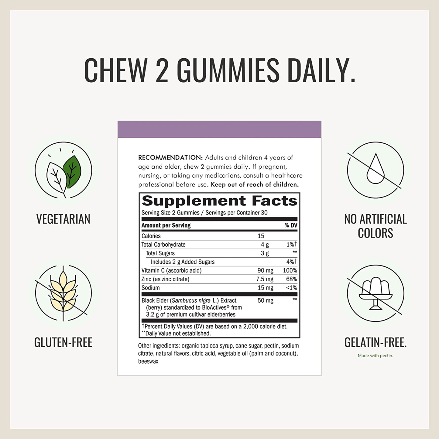 Sambucus Black Elderberry Gummies with Vitamin C and Zinc for Adult, Immune Support*, 3200 Mg, 60 Count