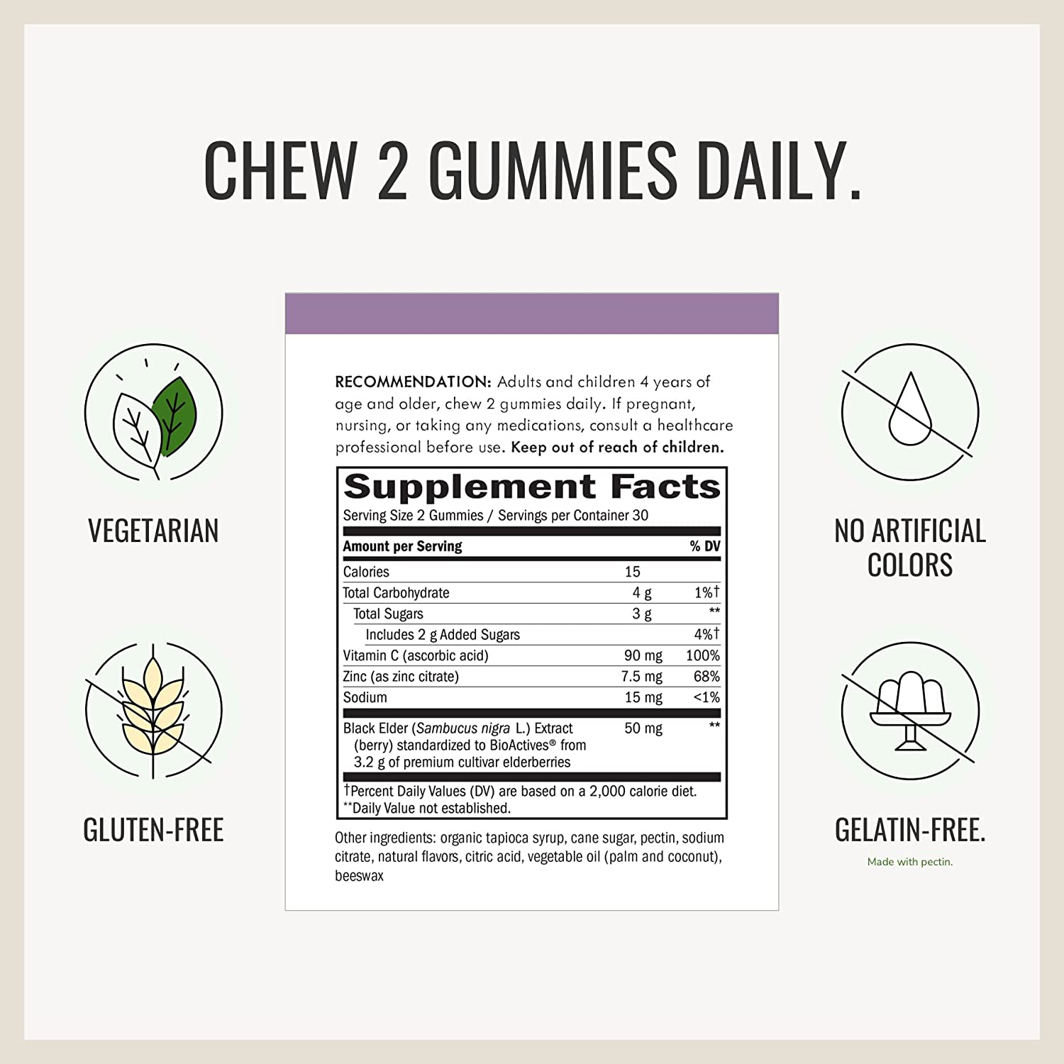 Sambucus Black Elderberry Gummies with Vitamin C and Zinc for Adult, Immune Support*, 3200 Mg, 60 Count