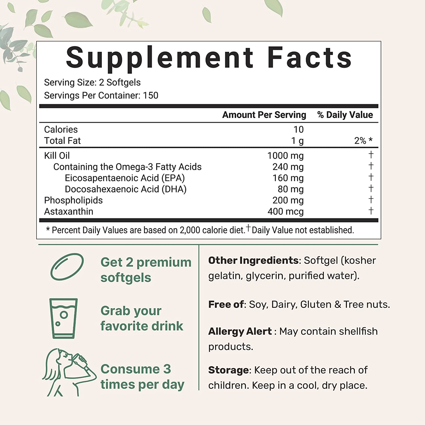 Antarctic Krill Oil Supplement, 1000Mg per Serving, 300 Soft-Gels, Rich in Omega-3S EPA, DHA & Natural Astaxanthin, Supports Immune System & Brain Health, Easy to Swallow