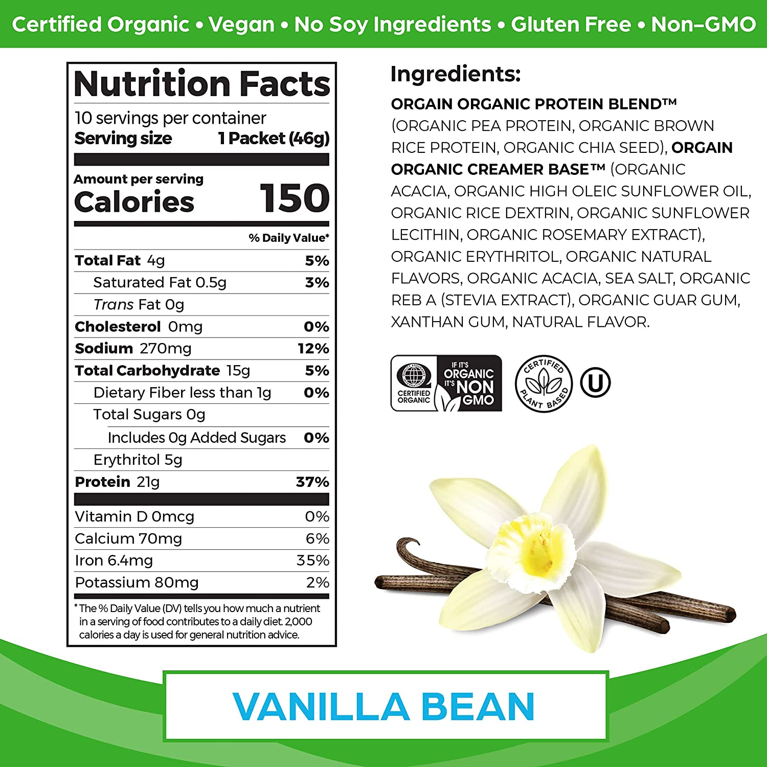 Organic Plant Based Protein Powder Travel Pack, Vanilla Bean - 21G of Protein, 5G of Fiber, No Dairy, Gluten, Soy or Added Sugar, Non-Gmo, 10 Count