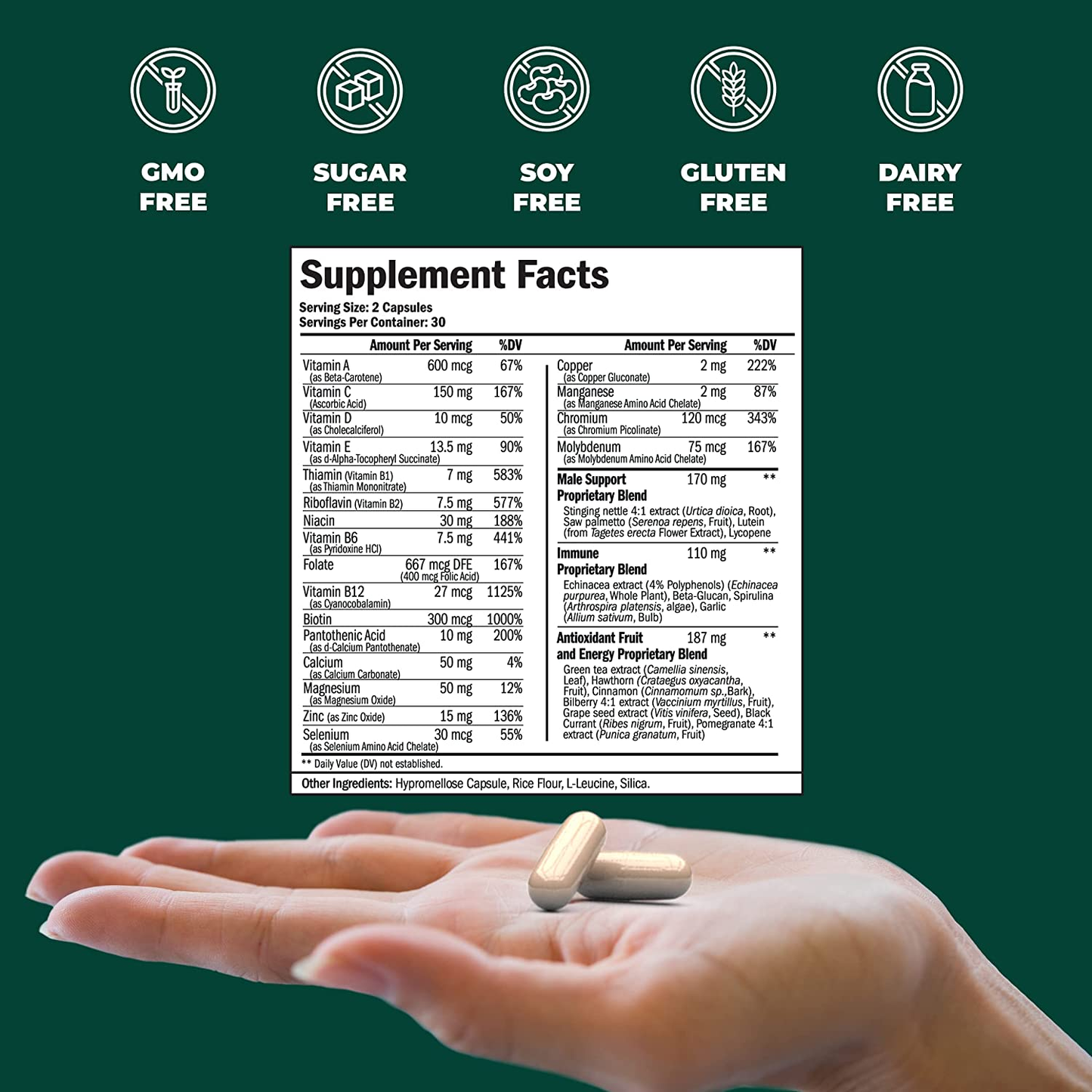 Men'S Daily Multimineral Multivitamin Supplement - Vitamins A, C, E, D, B1, B2, B3, B5, B6, B12. Magnesium, Biotin, Spirulina, Zinc. Complete Antioxidant, Energy & Immune Support. 60 Capsules