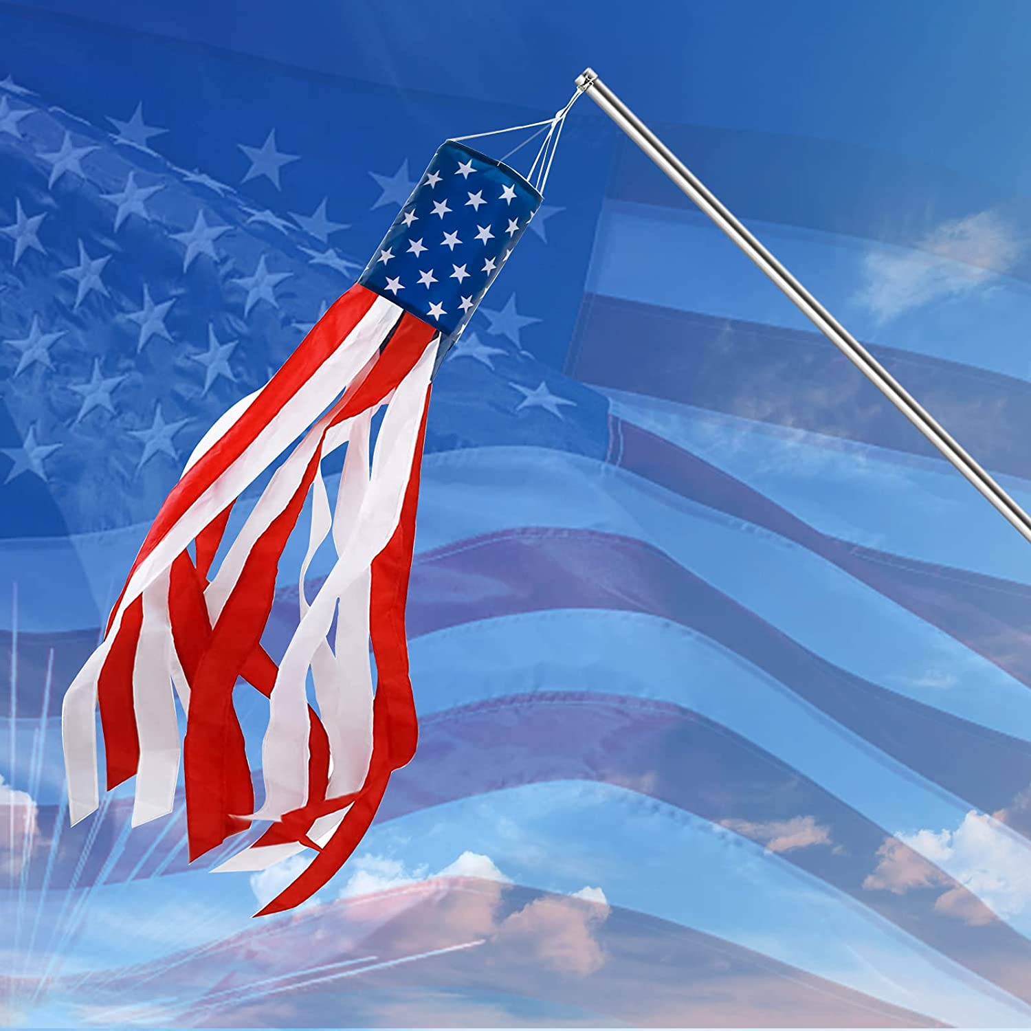 4Th of July Decor,Set of 2 American Flag Windsock 60 Inch,Yard/Garden Clearance Outdoor Decorations Hanging,Wind Socks Hanging with Embroidered Stars Stripes,Fourth of July USA Patriotic Decoration
