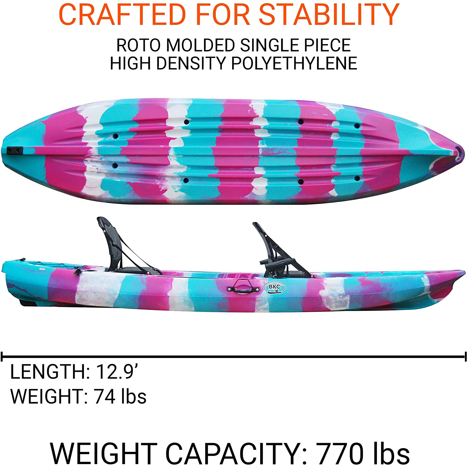 BKC TK122U 12' 6" Tandem 2 or 3 Person Sit on Top Fishing Kayak W/Upright Aluminum Frame Seats, 2 Paddles and 4 Fishing Rod Holders Included
