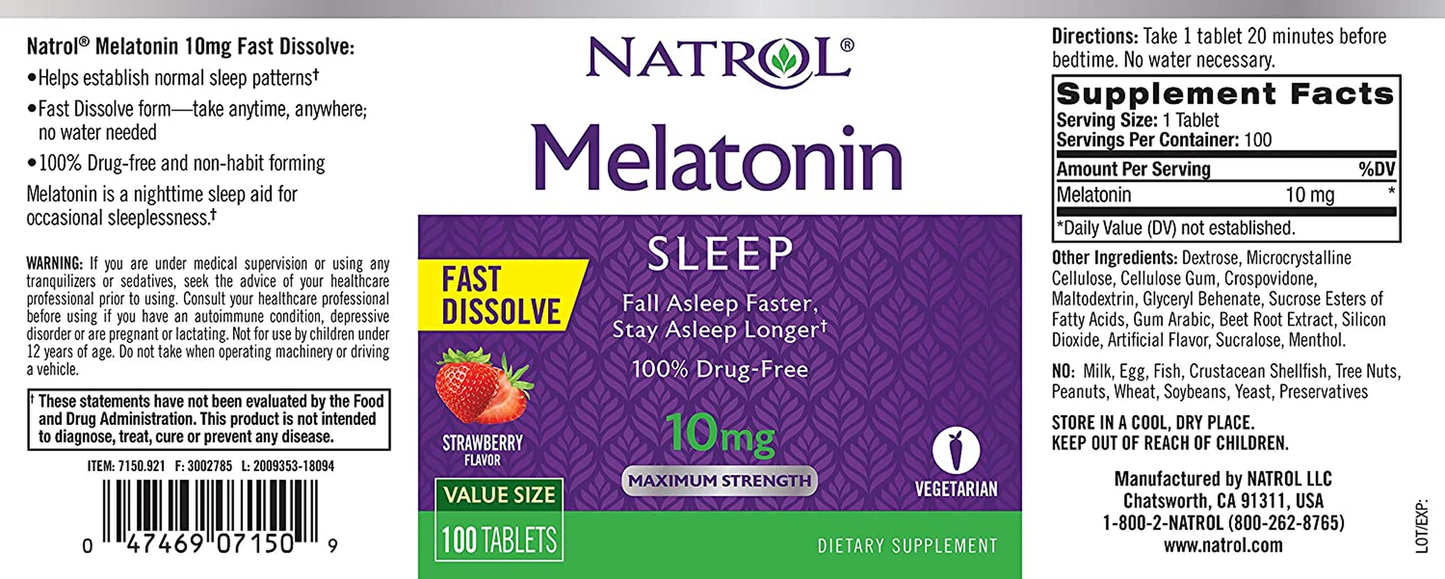 Melatonin Fast Dissolve Tablets, Helps You Fall Asleep Faster, Stay Asleep Longer, Easy to Take, Dissolve in Mouth, Strengthen Immune System, Maximum Strength, Strawberry Flavor, 10Mg, 100Count