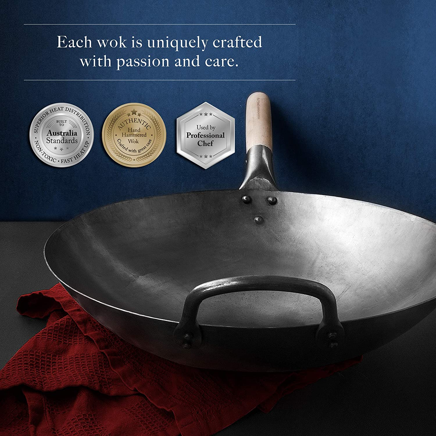 Mammafong round Bottom 14-Inch Traditional Carbon Steel Wok Pan - Authentic Hand Hammered Woks and Stir Fry Pans - Pow Wok with No Chemical Coating