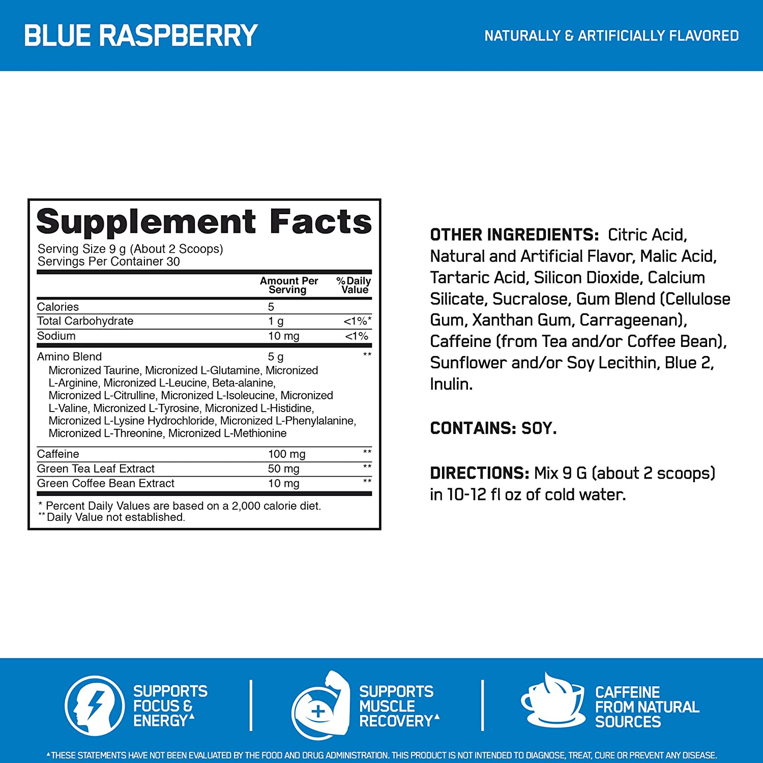 Amino Energy - Pre Workout with Green Tea, BCAA, Amino Acids, Keto Friendly, Green Coffee Extract, Energy Powder - Blue Raspberry, 30 Servings