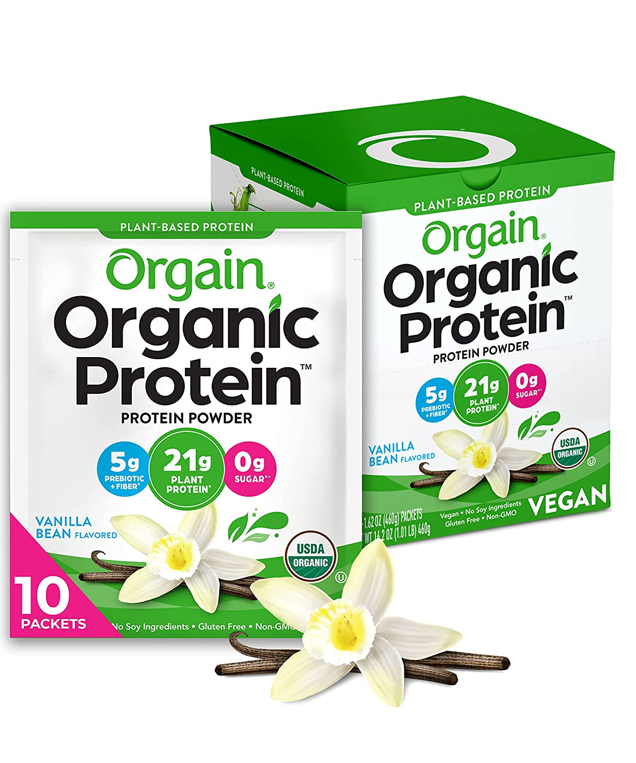 Organic Plant Based Protein Powder Travel Pack, Vanilla Bean - 21G of Protein, 5G of Fiber, No Dairy, Gluten, Soy or Added Sugar, Non-Gmo, 10 Count