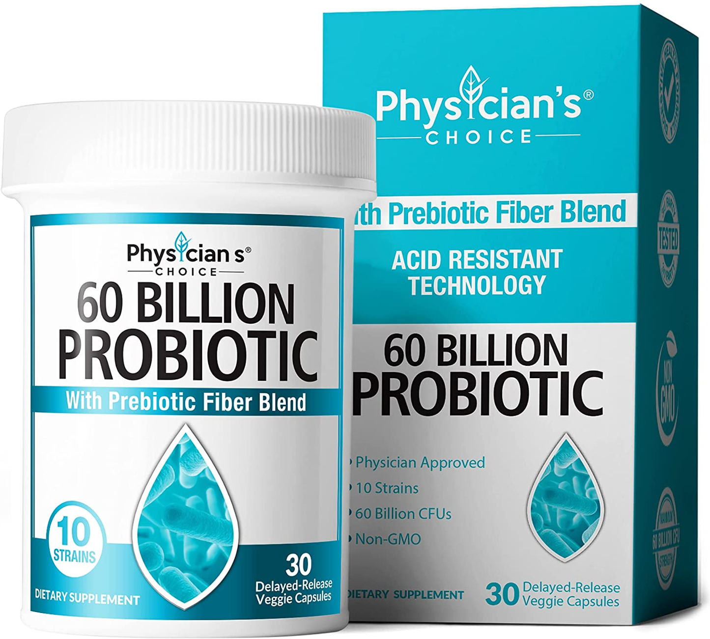 Probiotics 60 Billion CFU - 10 Diverse Strains + Organic Prebiotic - Designed for Overall Digestive Health and Supports Occasional Constipation, Diarrhea, Gas & Bloating - 30 CT