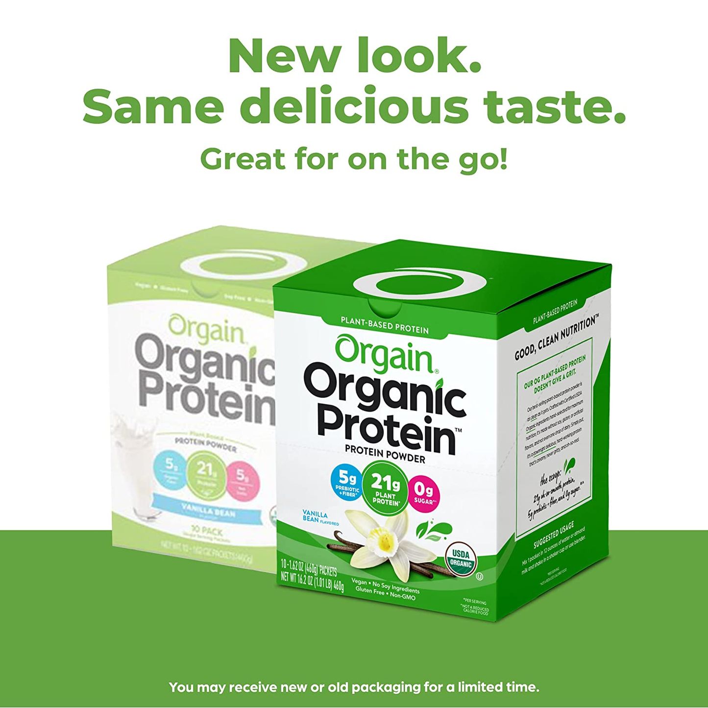Organic Plant Based Protein Powder Travel Pack, Vanilla Bean - 21G of Protein, 5G of Fiber, No Dairy, Gluten, Soy or Added Sugar, Non-Gmo, 10 Count