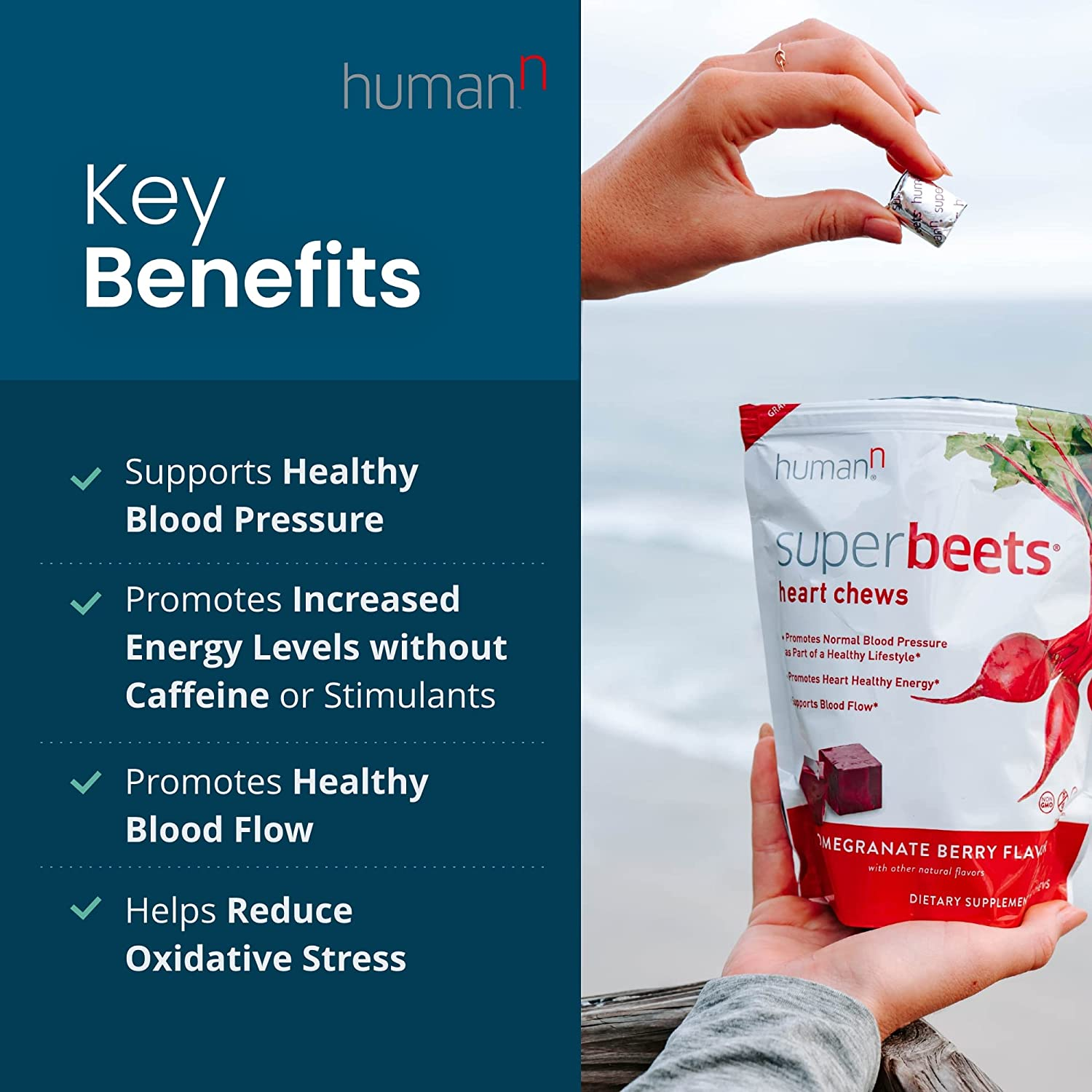 Superbeets Heart Chews - Nitric Oxide Production for Daily Blood Pressure Support & Circulation - Grape Seed Extract & Non-Gmo Beet Energy Chews - Pomegranate Berry Flavor, 60 Count