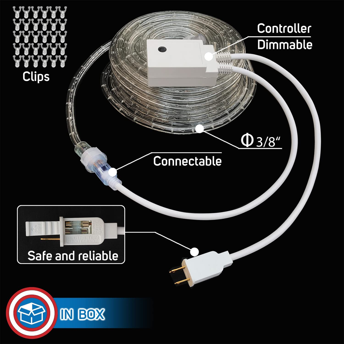 50Ft Blue Red White Led Rope Lights Lamps Kit with Controller Indoor Outdoor Decorative Lighting for Patriotic 4Th of July Memorial Day Decor Patio Deck Flexible String Tube Lights