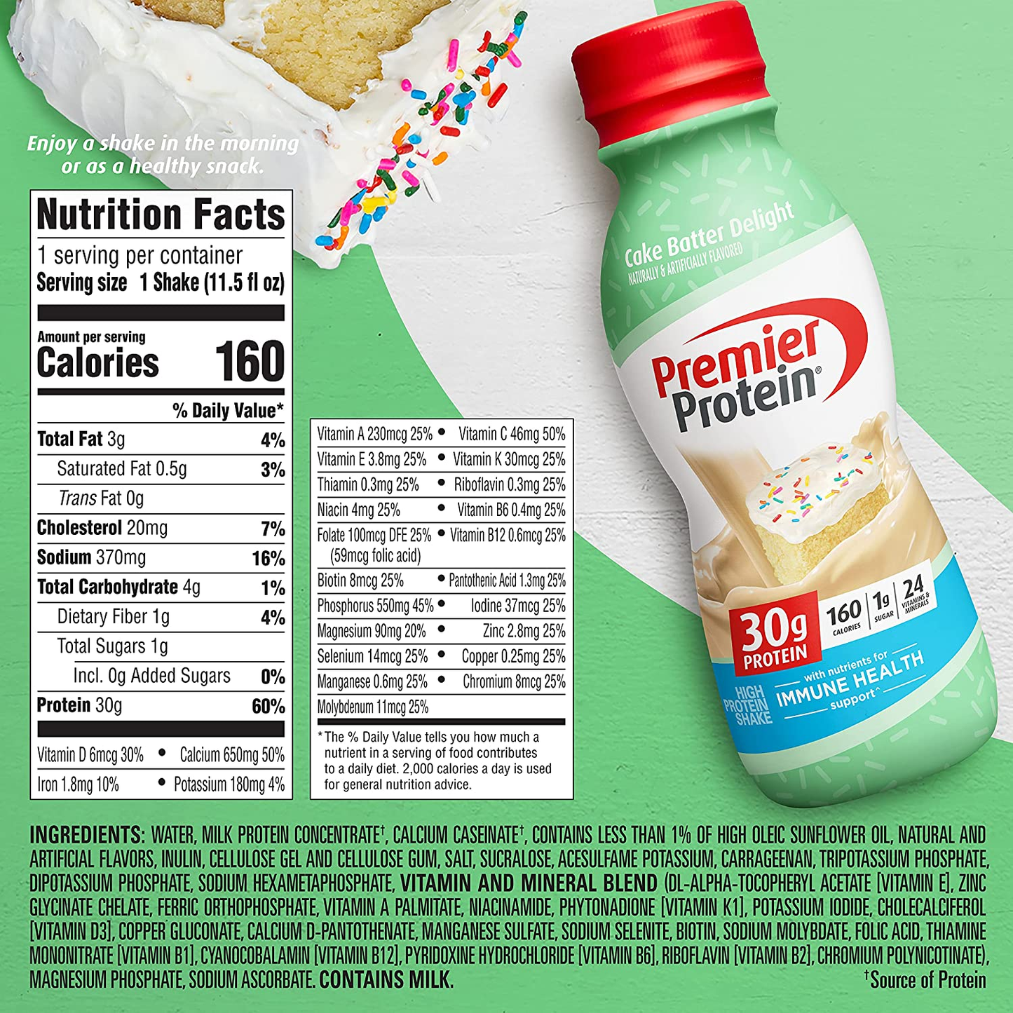 Shake, Cake Batter Delight, 30 G Protein, 1 G Sugar, 24 Vitamins & Minerals, Nutrients to Support Immune Health, Cream, 11.5 Fl Oz, Pack of 12