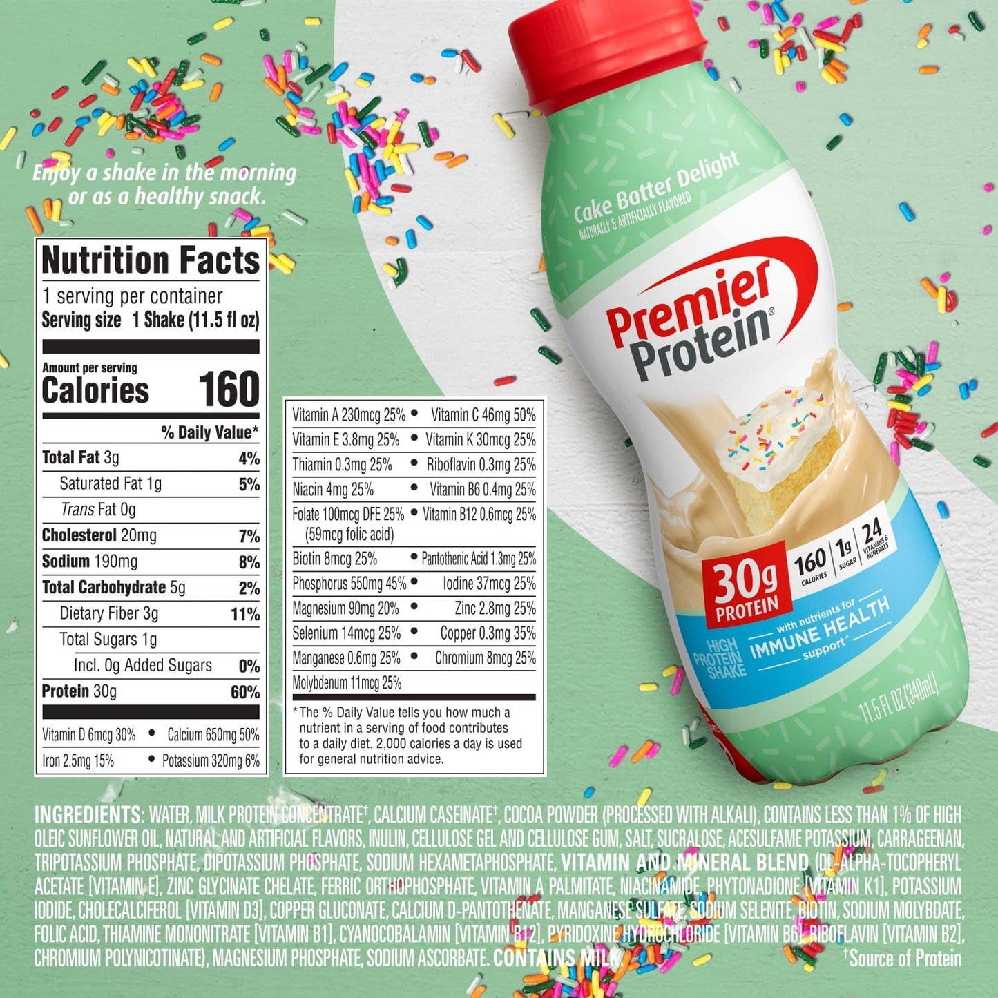 Shake, Cake Batter Delight, 30 G Protein, 1 G Sugar, 24 Vitamins & Minerals, Nutrients to Support Immune Health, Cream, 11.5 Fl Oz, Pack of 12
