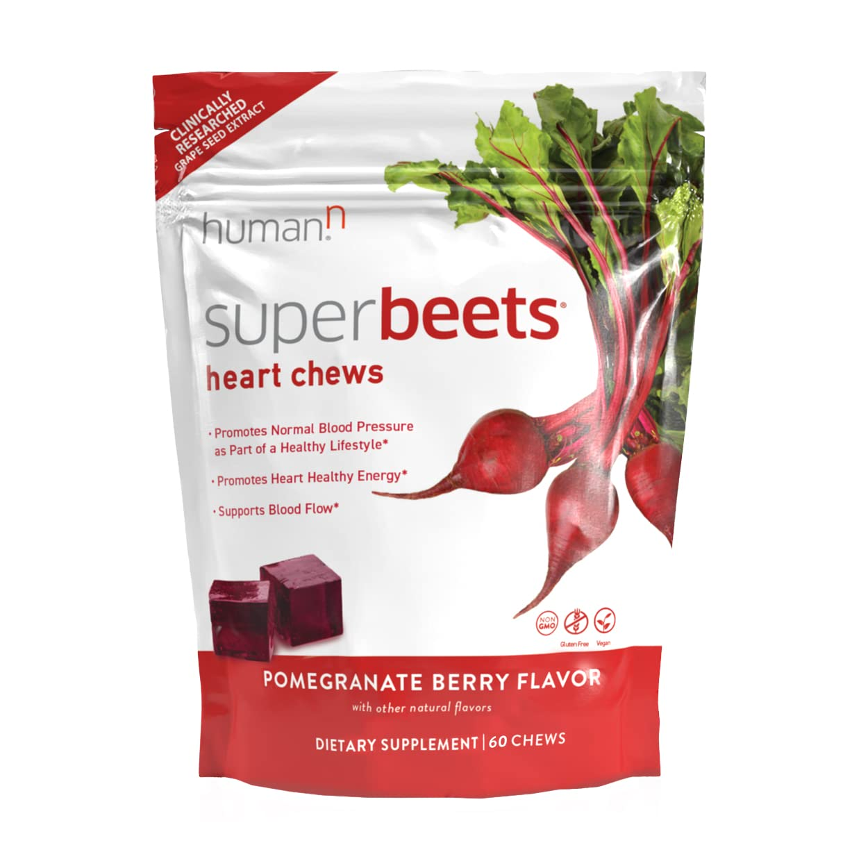 Superbeets Heart Chews - Nitric Oxide Production for Daily Blood Pressure Support & Circulation - Grape Seed Extract & Non-Gmo Beet Energy Chews - Pomegranate Berry Flavor, 60 Count