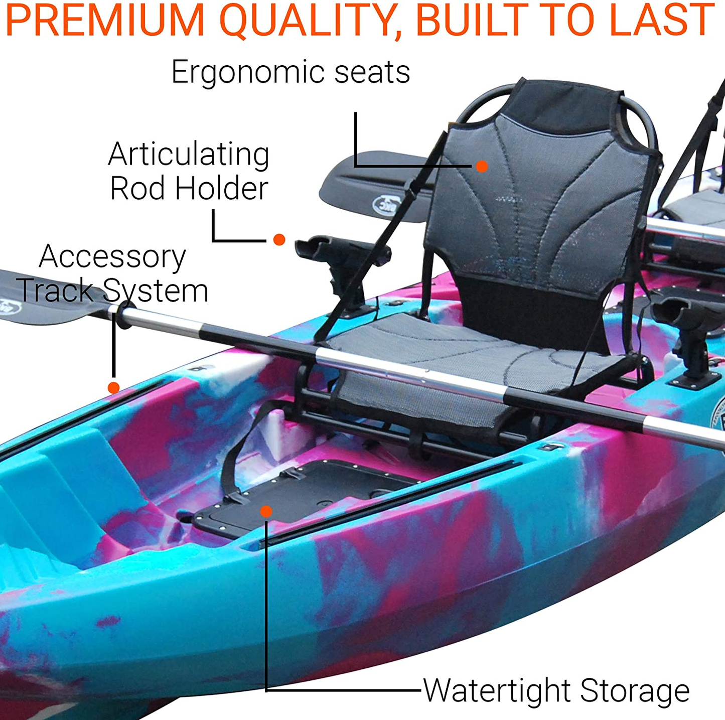 BKC TK122U 12' 6" Tandem 2 or 3 Person Sit on Top Fishing Kayak W/Upright Aluminum Frame Seats, 2 Paddles and 4 Fishing Rod Holders Included