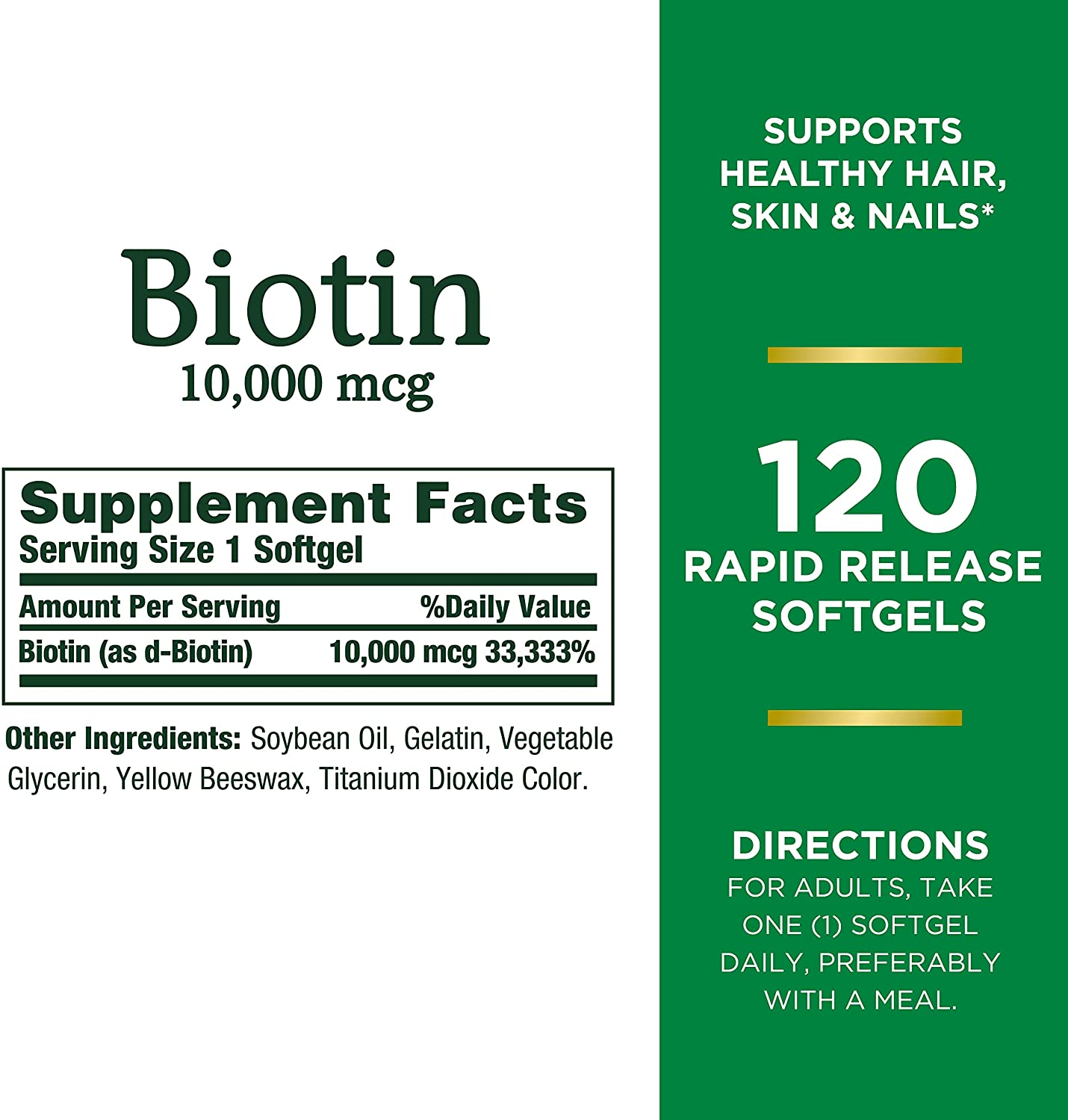 Nature’S Bounty Biotin, Supports Healthy Hair, Skin and Nails, 10000 Mcg, Rapid Release Softgels, 120 Ct