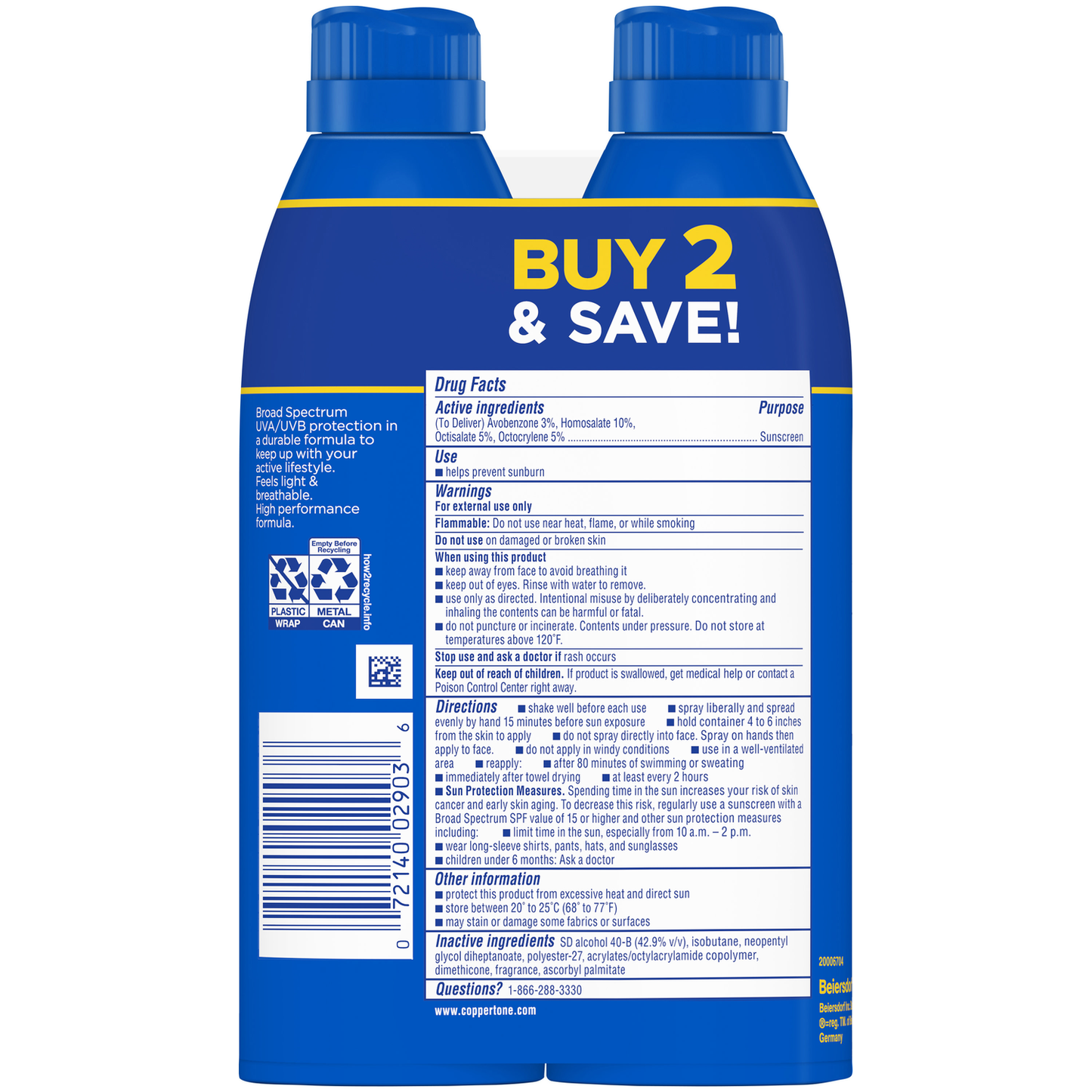 Coppertone Sport Sunscreen Spray, SPF 50 Spray Sunscreen, 5.5 Oz, Pack of 2