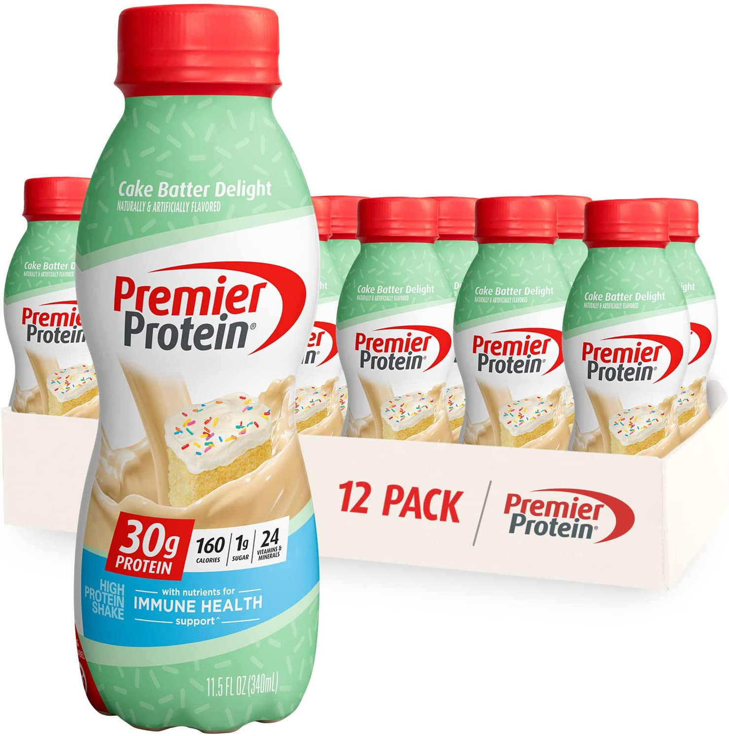 Shake, Cake Batter Delight, 30 G Protein, 1 G Sugar, 24 Vitamins & Minerals, Nutrients to Support Immune Health, Cream, 11.5 Fl Oz, Pack of 12