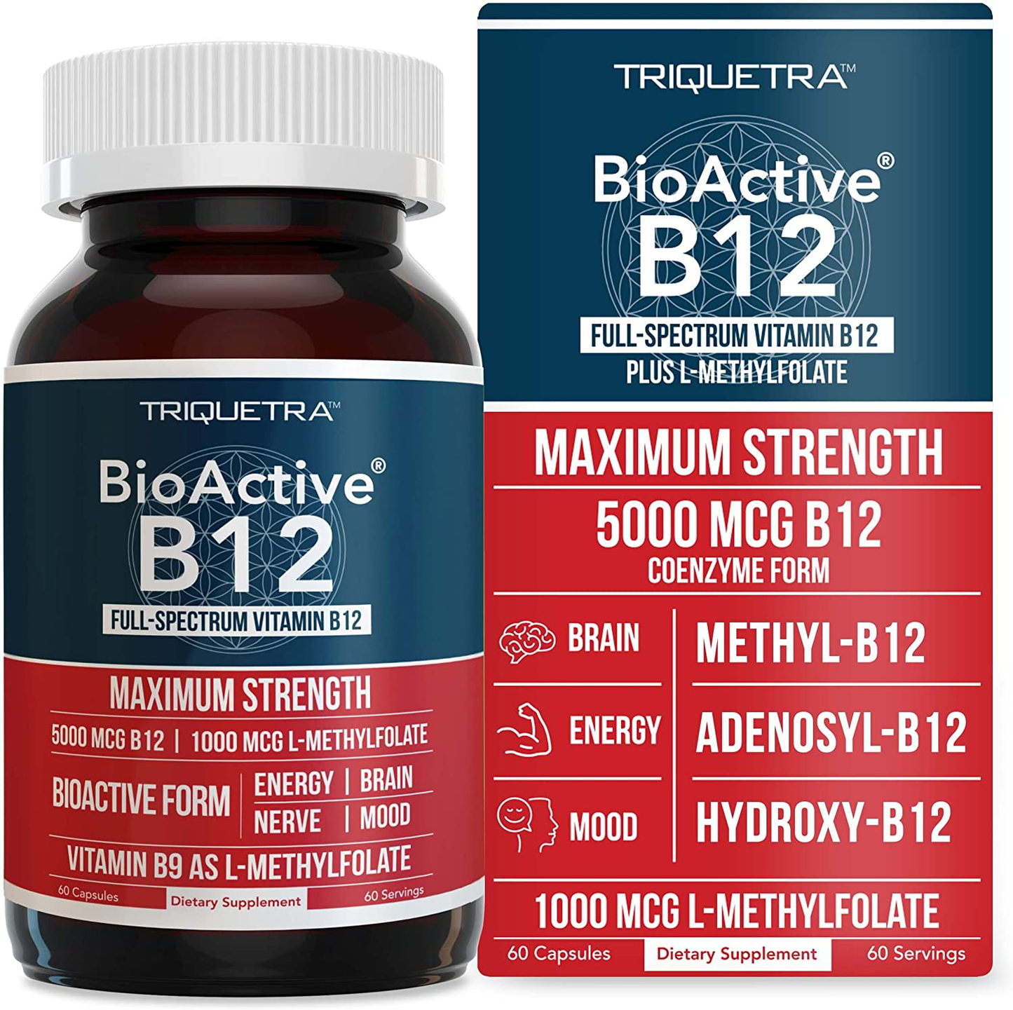 Bioactive Vitamin B12 - 5000 Mcg, Contains 3 Bioactive B12 Forms plus Methylfolate Cofactor - Methyl B12, Adenosyl B12 & Hydroxy B12 | Supports Energy, Metabolism & Mood | Vegan, Non-Gmo (60 Servings)