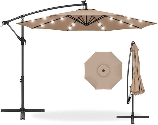 Best Choice Products 10Ft Solar LED Offset Hanging Market Patio Umbrella for Backyard, Poolside, Lawn and Garden W/Easy Tilt Adjustment, Polyester Shade, 8 Ribs - Tan