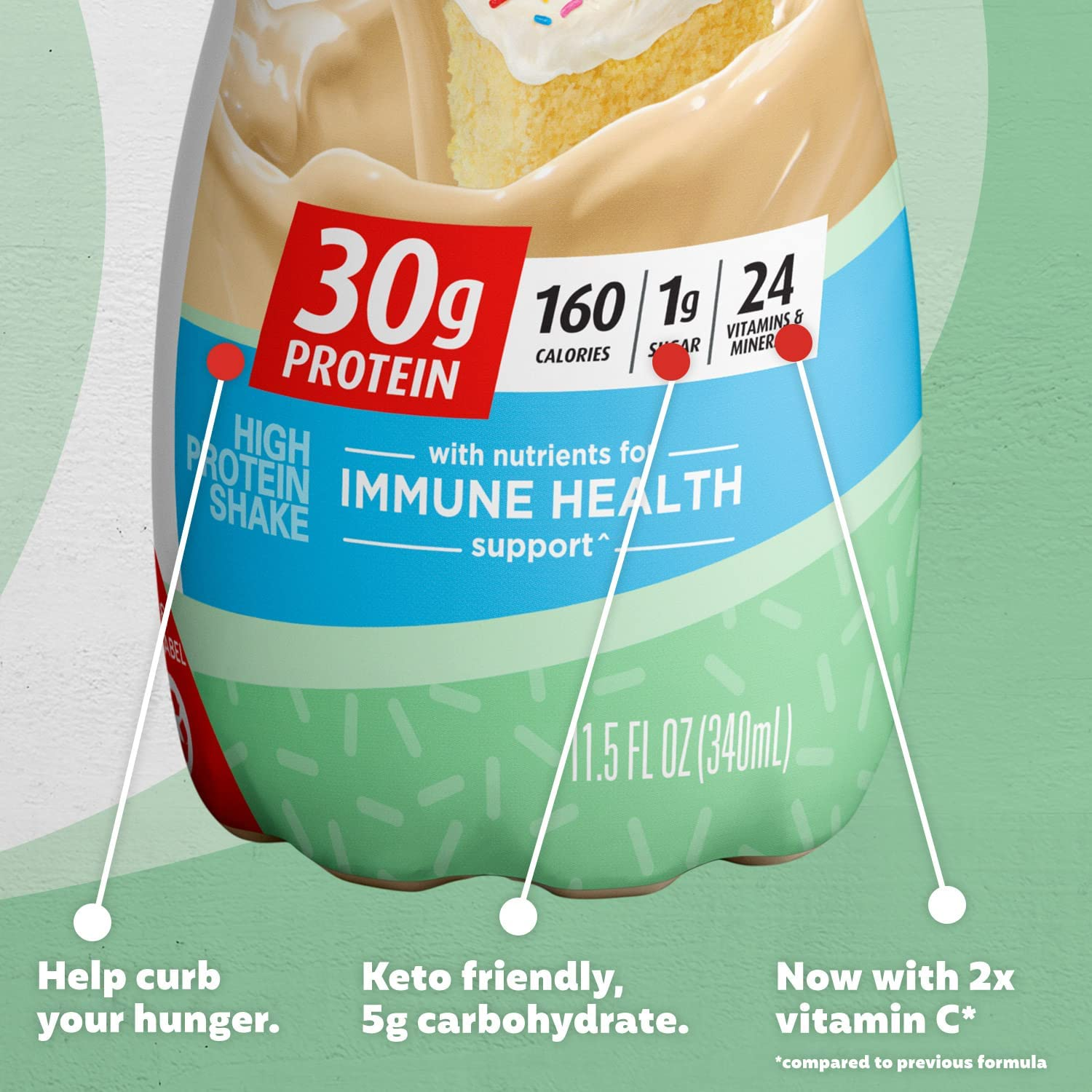 Shake, Cake Batter Delight, 30 G Protein, 1 G Sugar, 24 Vitamins & Minerals, Nutrients to Support Immune Health, Cream, 11.5 Fl Oz, Pack of 12