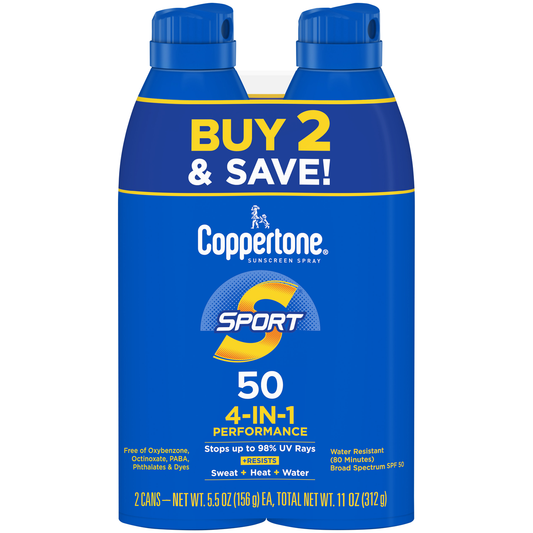 Coppertone Sport Sunscreen Spray, SPF 50 Spray Sunscreen, 5.5 Oz, Pack of 2