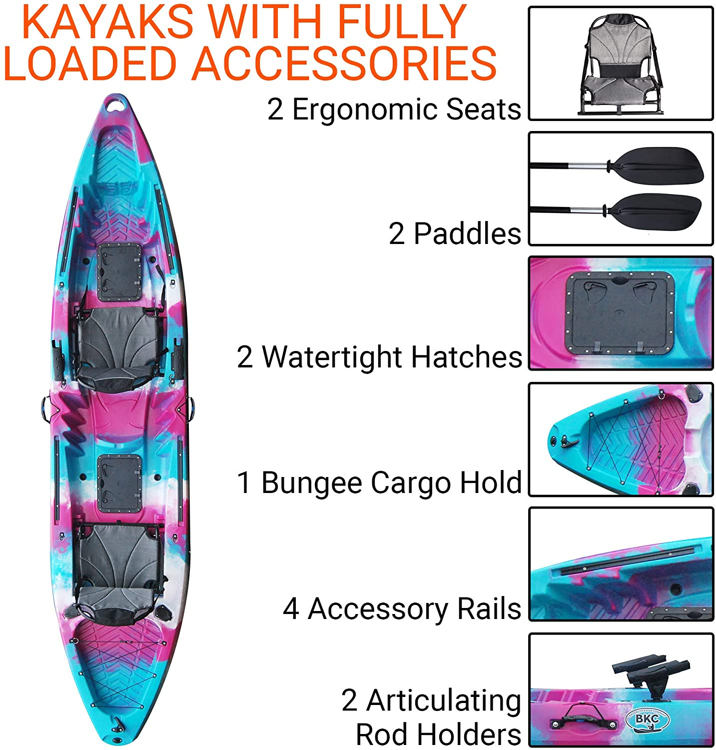 BKC TK122U 12' 6" Tandem 2 or 3 Person Sit on Top Fishing Kayak W/Upright Aluminum Frame Seats, 2 Paddles and 4 Fishing Rod Holders Included