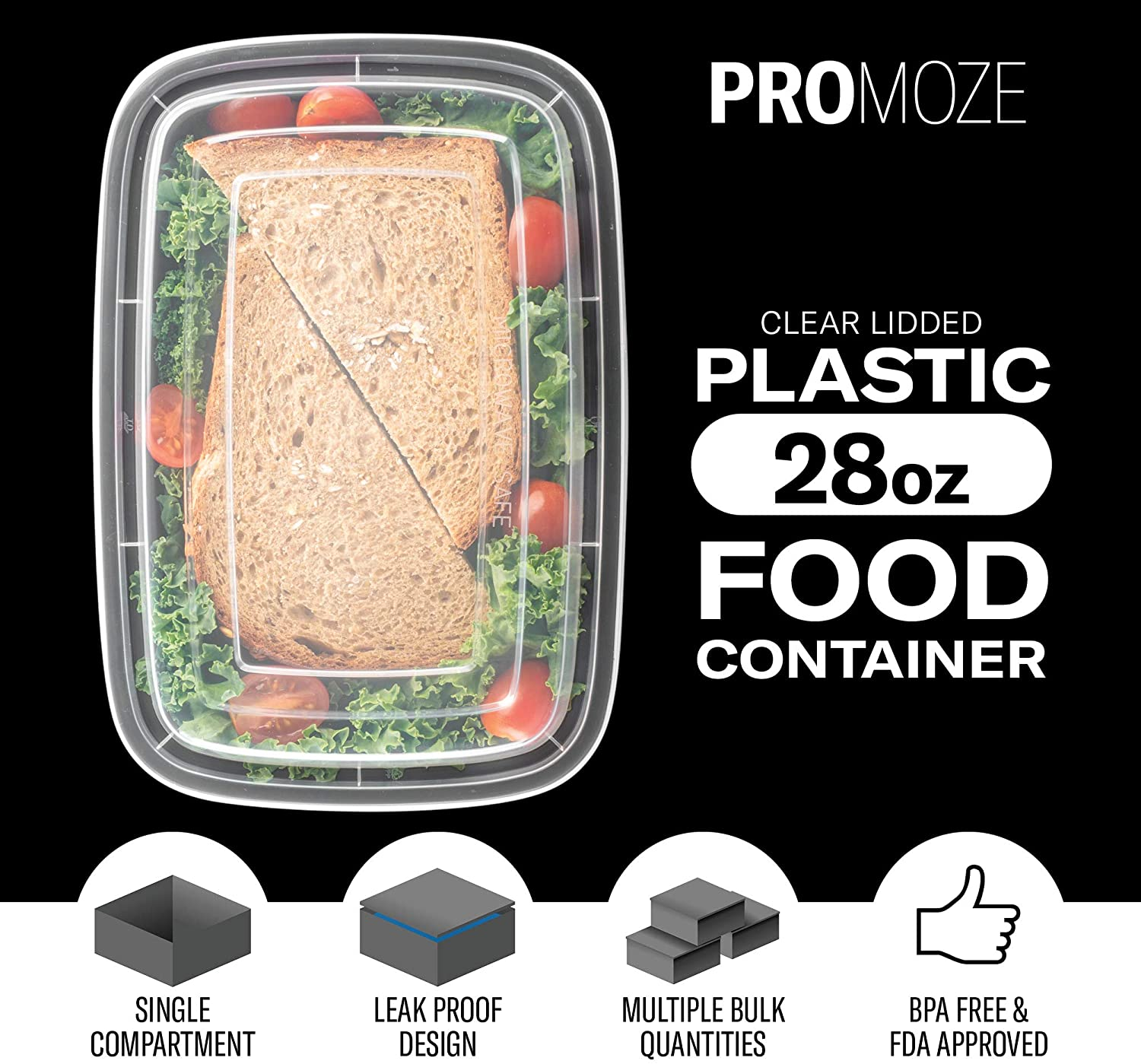 50-Pack Meal Prep Plastic Microwavable Food Containers for Meal Prepping with Lids 28 Oz. 1 Compartment Black Rectangular Reusable Storage Lunch Boxes -Bpa-Free Food Grade -Freezer & Dishwasher Safe